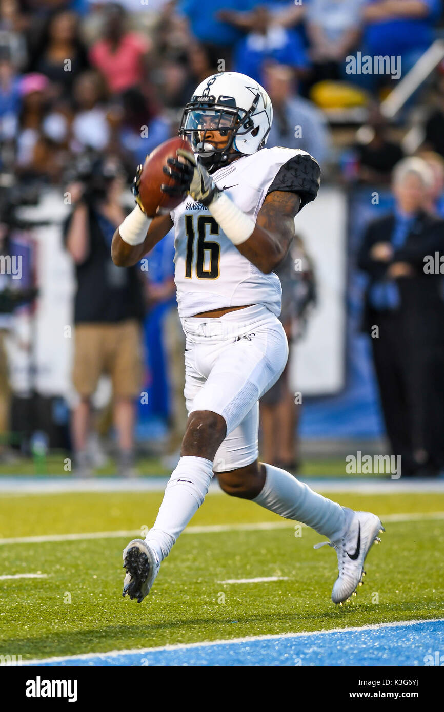 Murfreesboro, TN, USA. 2nd Sep, 2017. Vanderbilt Commodores wide receiver Kalija Lipscomb (16) scores a touchdown during a game between the Vanderbilt Commodores and the MTSU Blue Raiders at Johnny ''Red'' Floyd Stadium in Murfreesboro, TN. Thomas McEwen/CSM/Alamy Live News Stock Photo