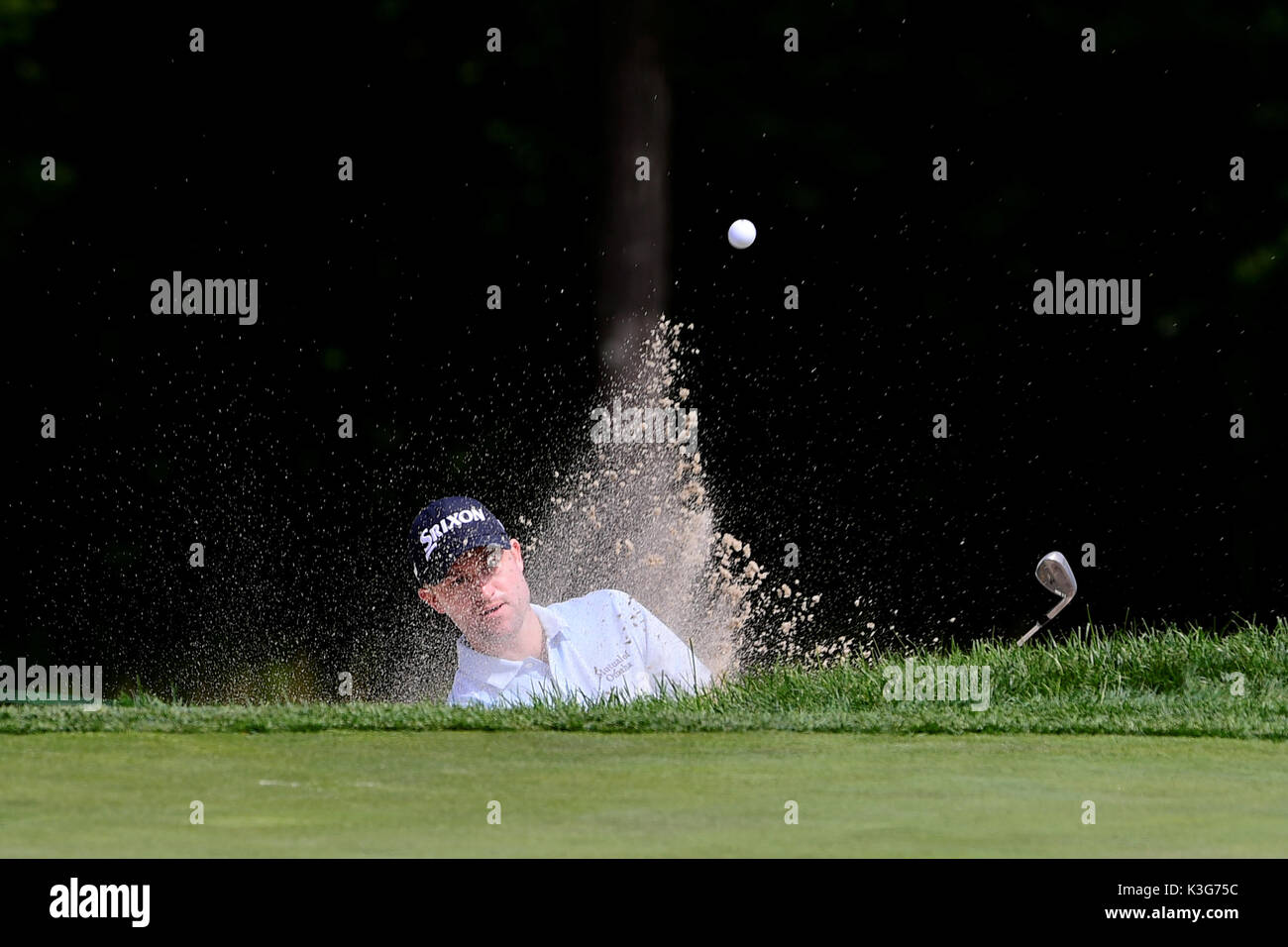 Norton, Mass. 2nd Sep, 2017. Bud Cauley plays a shot from a bunker on the 12th hole during the second round of the PGA Dell Technologies Championship held at the Tournament Players Club in Norton Massachusetts. Eric Canha/CSM/Alamy Live News Stock Photo