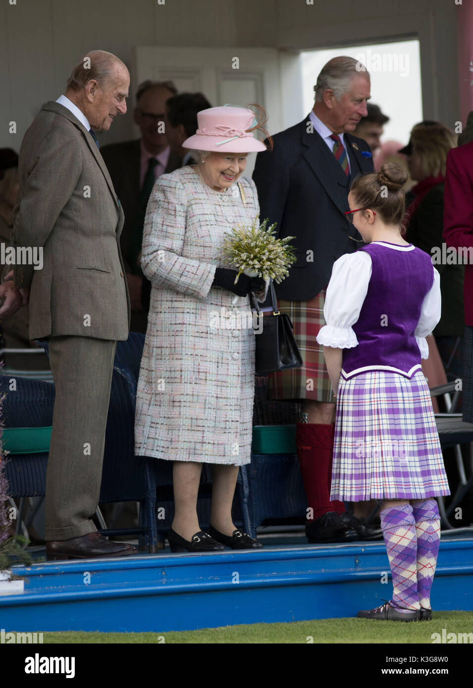 London, UK. 3rd Sep, 2017. British Queen Elizabeth II attends the 2017 Braemar Gathering, an annual traditional Scottish Highland Games, in Braemar, Scotland, Sept. 2, 2017. Credit: Xinhua/Alamy Live News Stock Photo