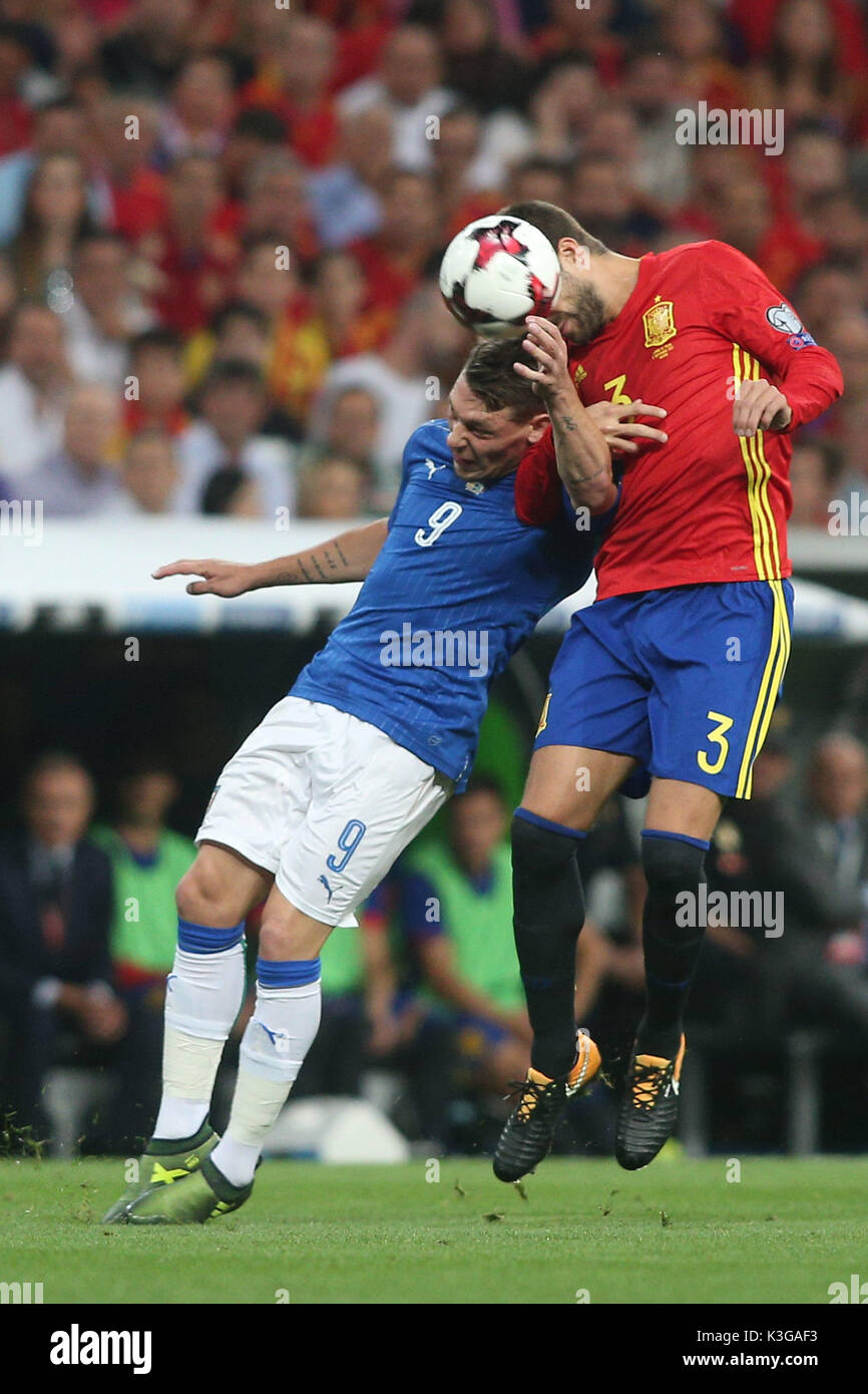 Madrid, Spain. 2nd September, 2017. FIFA 2018 World Cup Qualifier. Group G. Match between Spain vs Italy. Belotti and Gerard Piquè in action during the match. Credit: marco iacobucci/Alamy Live News Stock Photo
