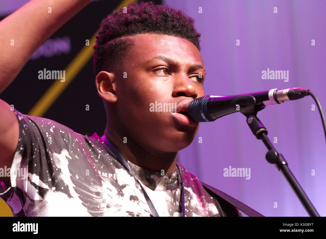 London, UK. 3rd September, 2017. Ky Music attends The Mayor of London’s Gigs Grand Final which took place in Westfield, Sheperds Bush,London. Twelve finalists battle it out .Gigs is more than a competition. For those who stay the course, a whole host of opportunities opens up to them through the wider Busk in London programme – paid bookings, private land busking schemes with earning potential, event management work and industry access.©Keith Larby/Alamy Live News Stock Photo