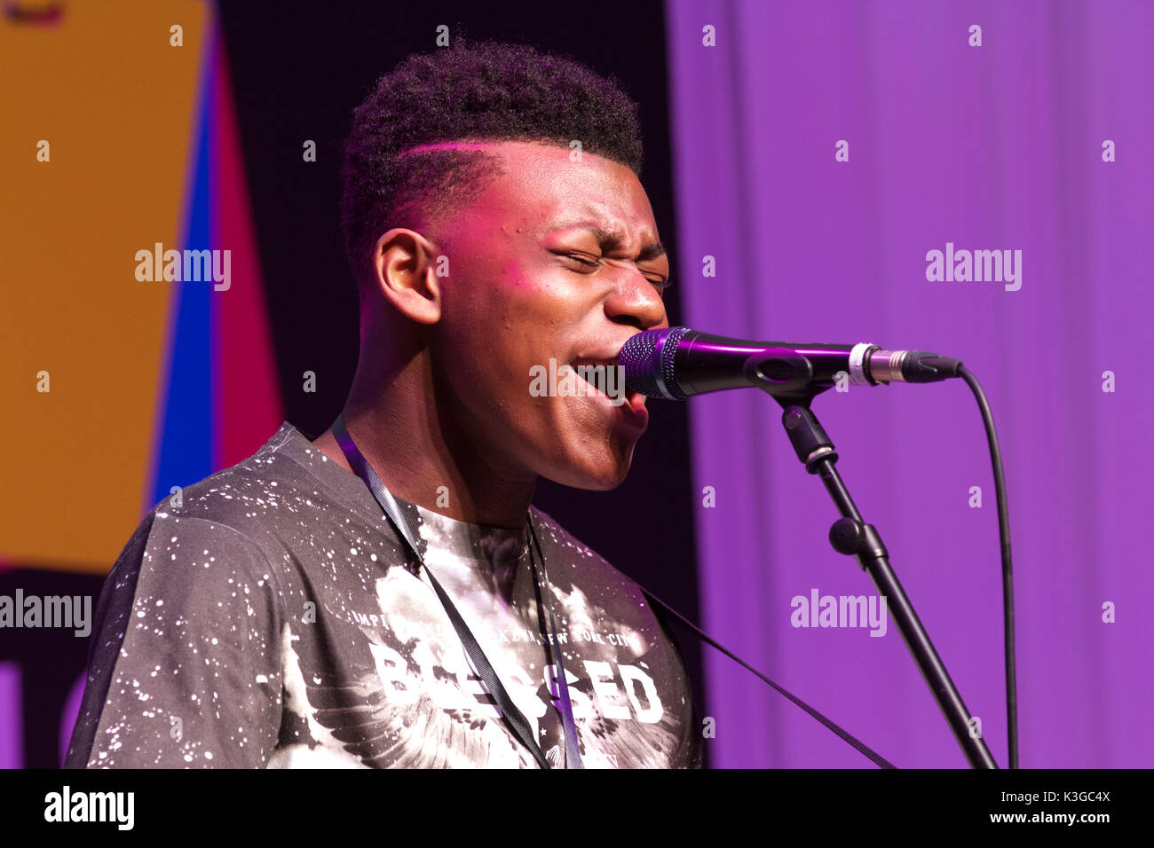 London, UK. 3rd September, 2017. Ky Music attends The Mayor of London’s Gigs Grand Final which took place in Westfield, Sheperds Bush,London. Twelve finalists battle it out .Gigs is more than a competition. For those who stay the course, a whole host of opportunities opens up to them through the wider Busk in London programme – paid bookings, private land busking schemes with earning potential, event management work and industry access.©Keith Larby/Alamy Live News Stock Photo