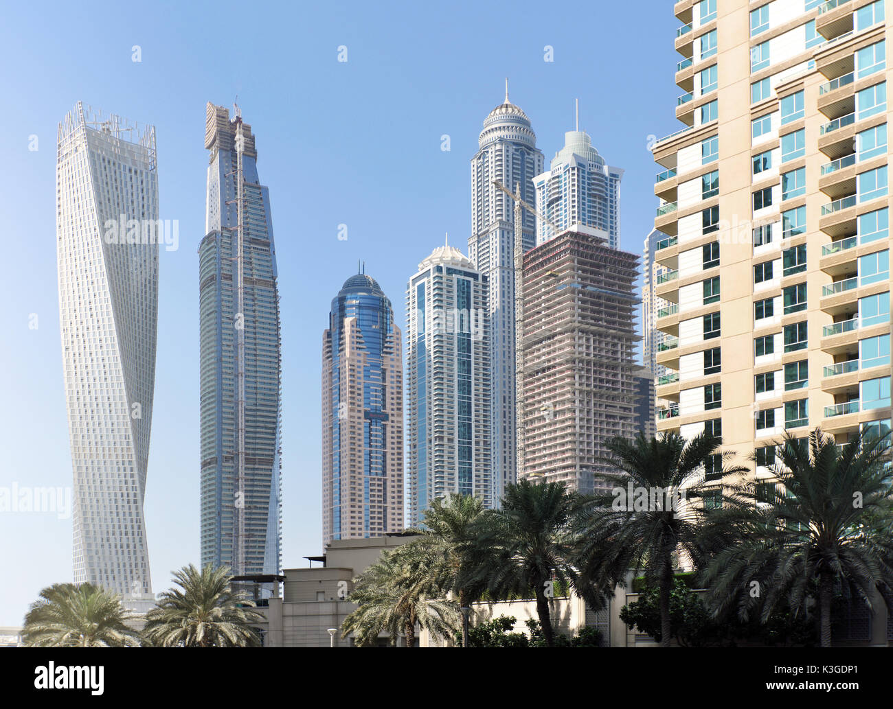 Futuristic buildings in Dubai Marina. Stock Photo