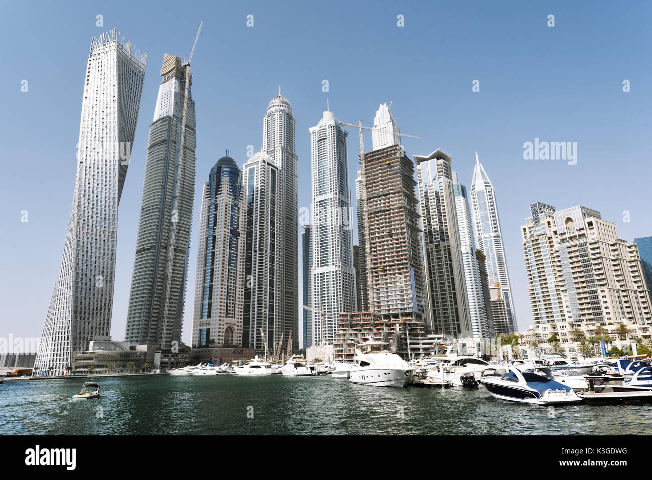 Dubai, United Arab Emirates - Oct 6, 2016: Futuristic buildings in Dubai Marina. Stock Photo