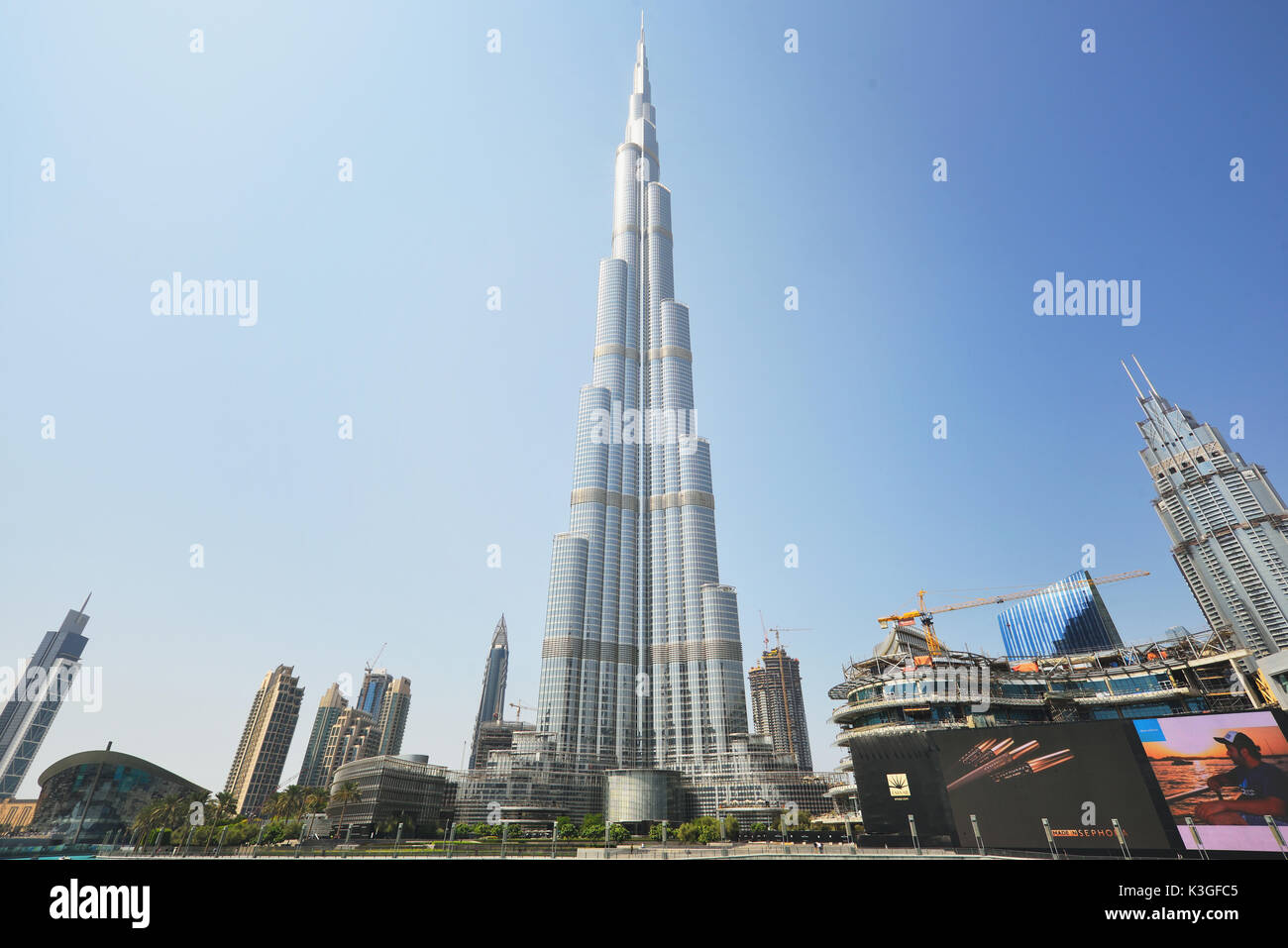 DUBAI, UNITED ARAB EMIRATES - Oct 7, 2016: Downtown Dubai with the Burj Khalifa tower. This skyscraper is the tallest man-made structure in the world, Stock Photo
