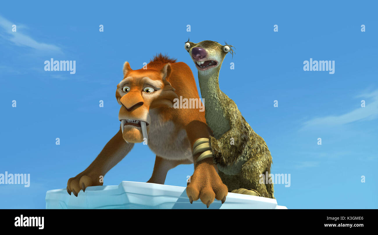 ICE AGE 2 THE MELTDOWN Diego the saber-toothed tiger and Sid the Sloth (voiced by John Leguizamo). Stock Photo