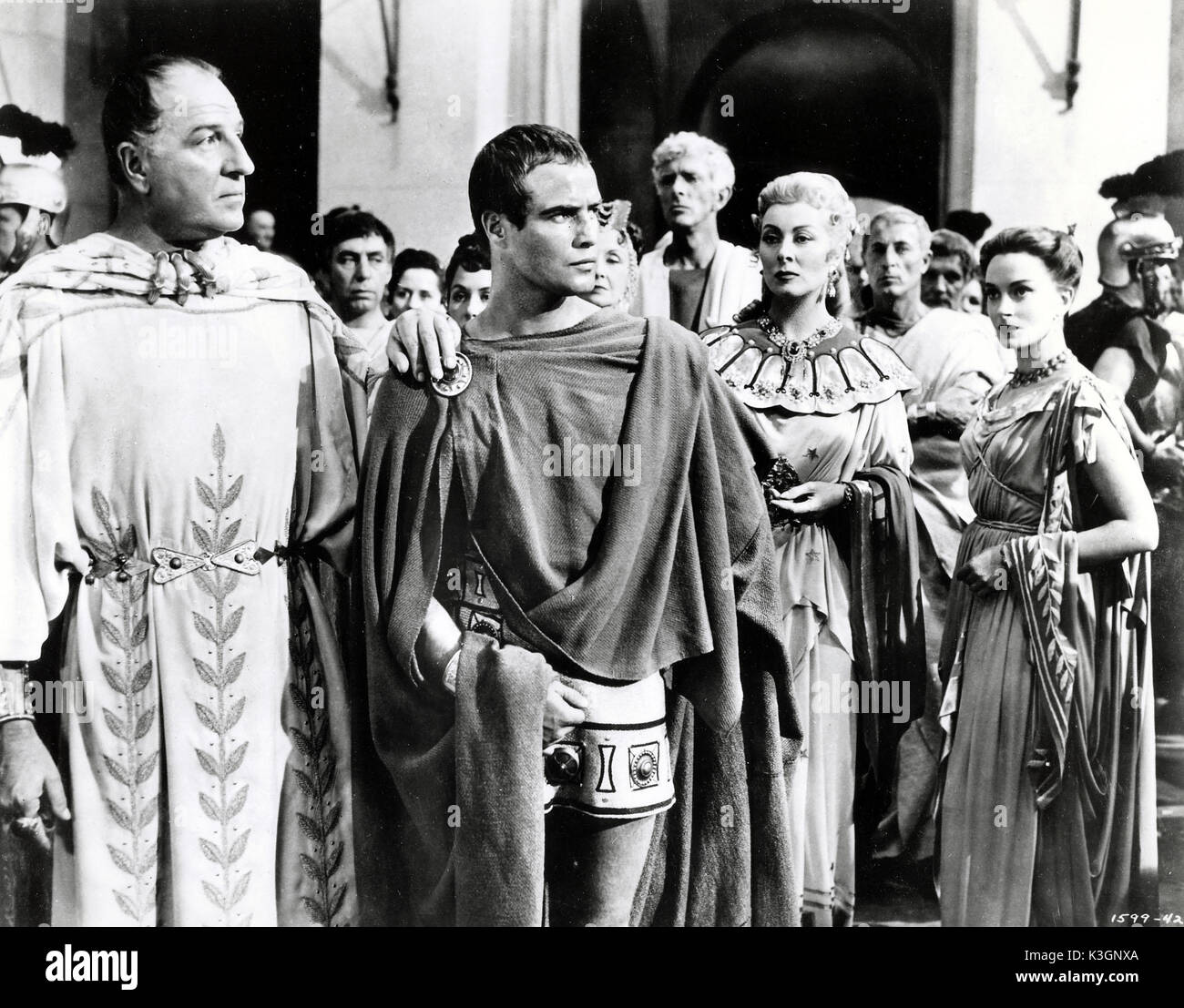 JULIUS CAESAR LOUIS CALHERN as Julius Caesar, MARLON BRANDO as Marc Antony, ALAN NAPIER as Cicero, GREER GARSON as Calpurnia, DEBORAH KERR as Portia Stock Photo