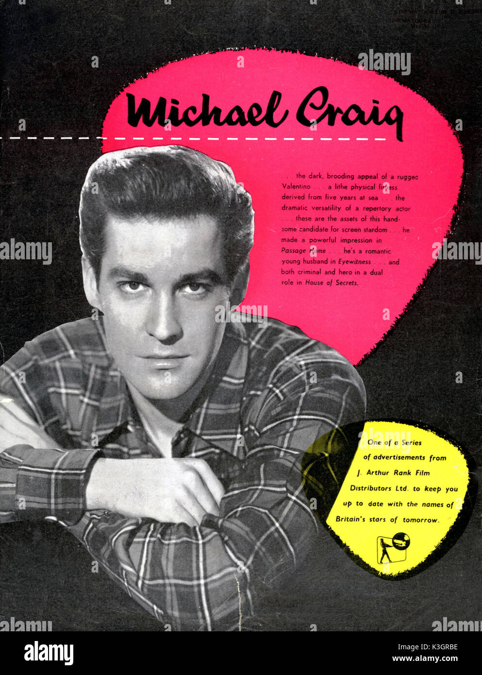 MICHAEL CRAIG  Actor MICHAEL CRAIG  Actor  A 1956 Rank Organisation ad announcing Michael Craig as a 'star of tomorrow' Stock Photo