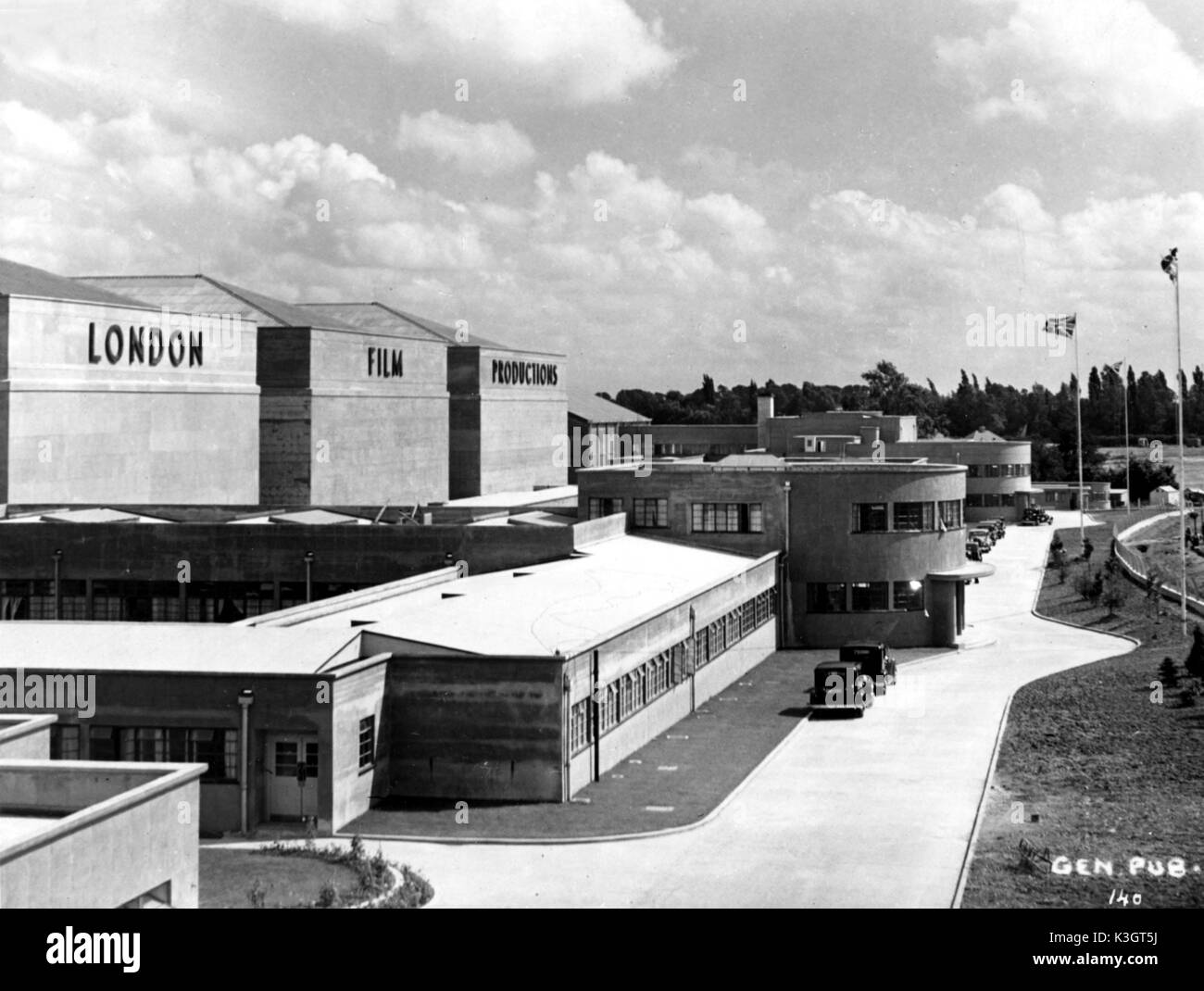 LONDON FILM PRODUCTIONS AT DENHAM STUDIOS: a general view of the studios, showing the immense size of the buildings which cover over 28 acres of the 165 acre estate. There are seven sound stages, two of which are air-conditioned and the largest in Europe. LONDON FILM PRODUCTIONS at DENHAM STUDIOS a general view of the studios, showing the immense size of the buildings which cover over 28 acres of the 165 acre estate. There are seven sound stages, two of which are air-conditioned and the largest in Europe. Stock Photo