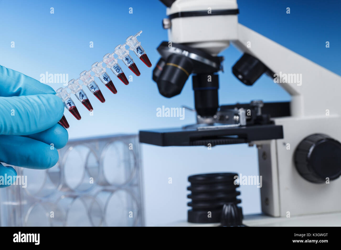Microscope Subject Table and Biological Samples. Microscope is the main