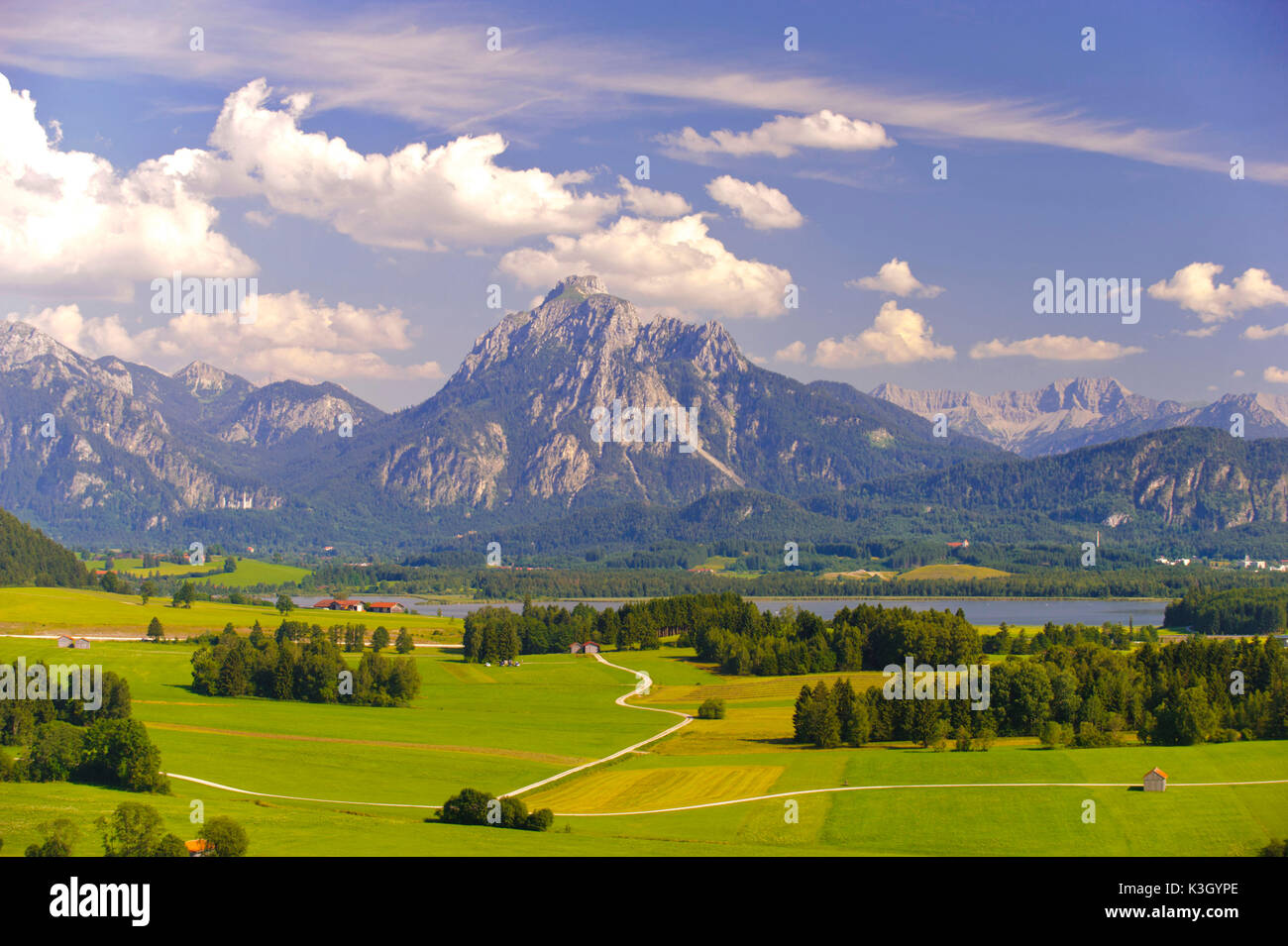 Panorama landscape in bavaria in the allgau with forggensee mountains ...
