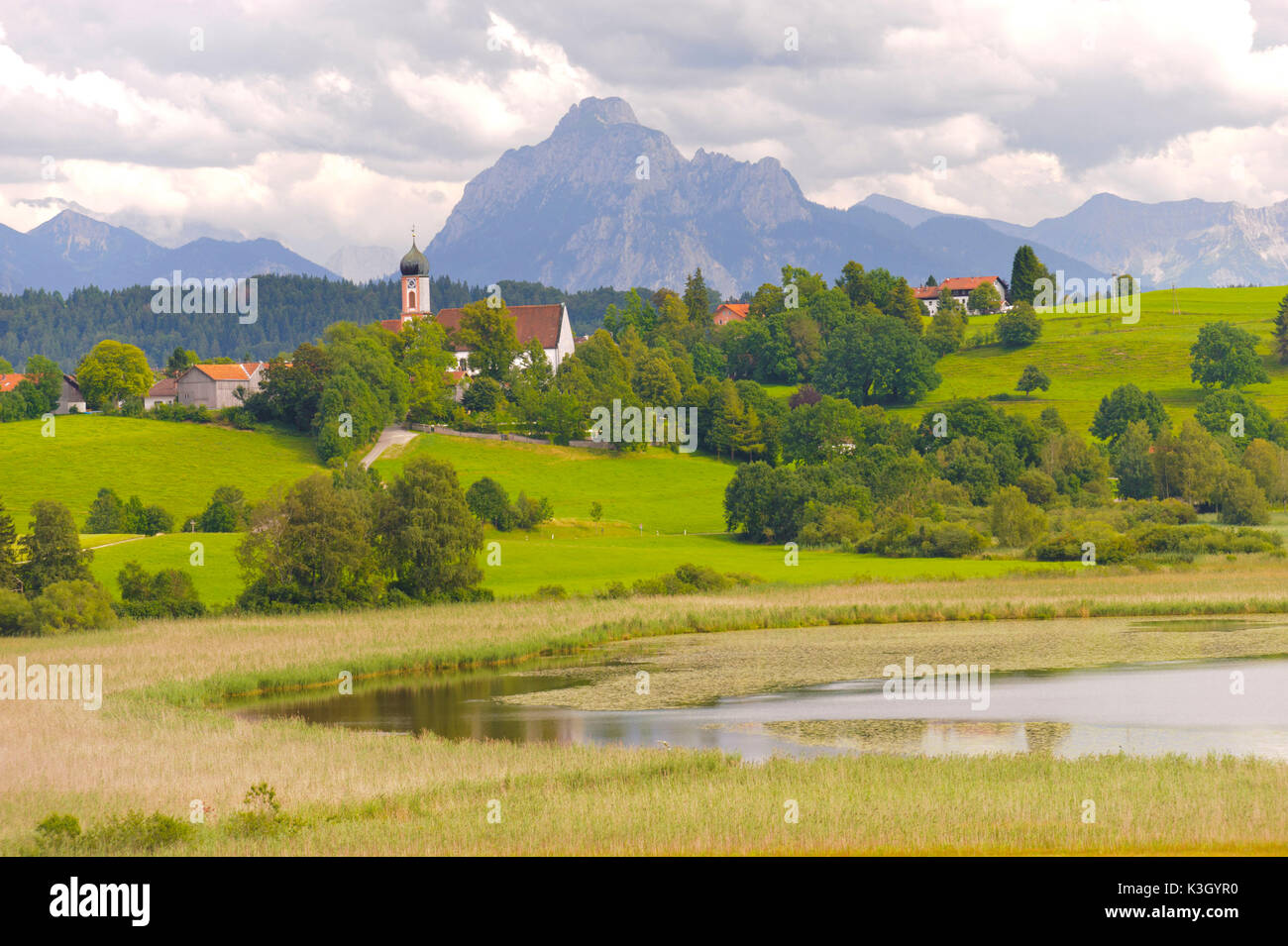 Panorama scenery in Bavaria close place Seeg in the Allgäu and mountain Säuling at Füssen Stock Photo