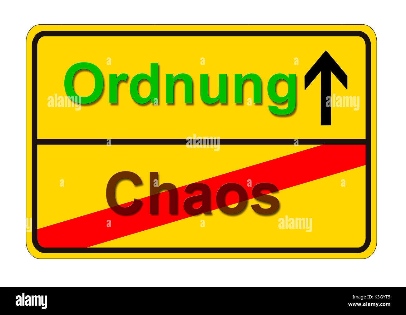 From the chaos to the order symbolically on a town sign Stock Photo
