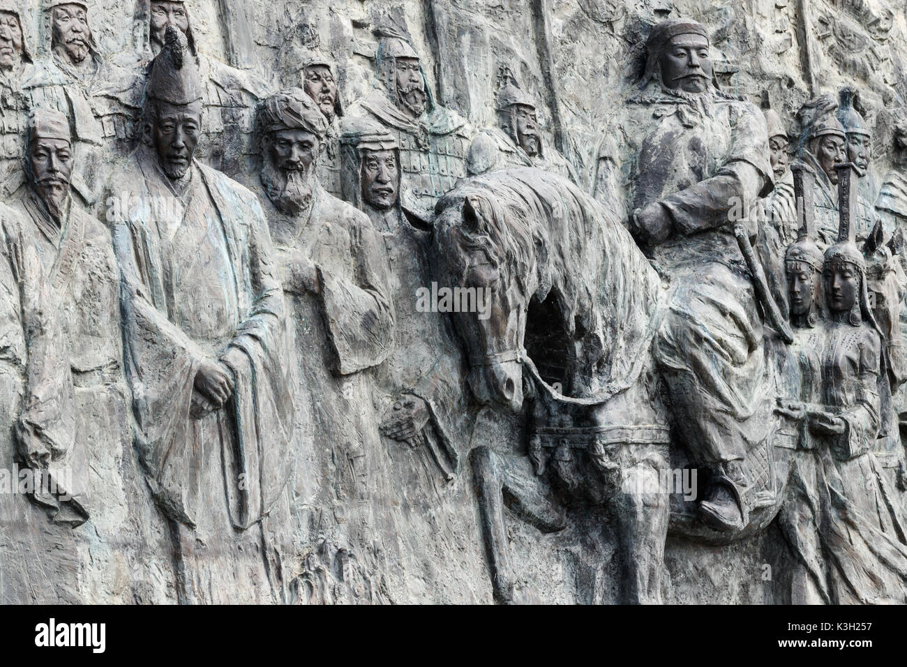 The site of Xanadu, Inner Mongolia, China - July 26, 2017: Reliefs and the statue of Kublai Khan grandson of Genghis Khan.The site under the protecti Stock Photo