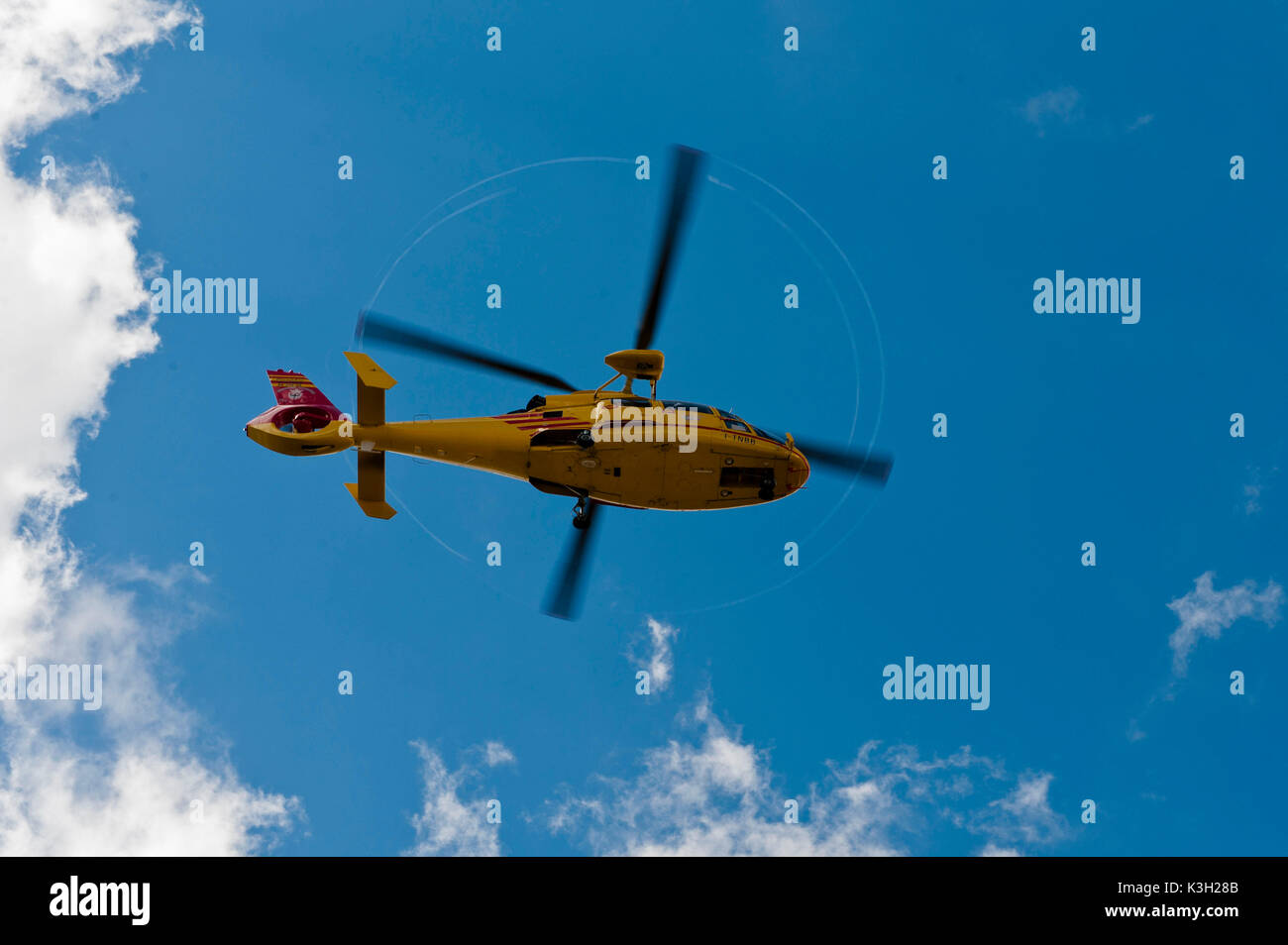 Helicopter in Val di Fassa, dolomites, Campitello, Trentino, Italy Stock Photo