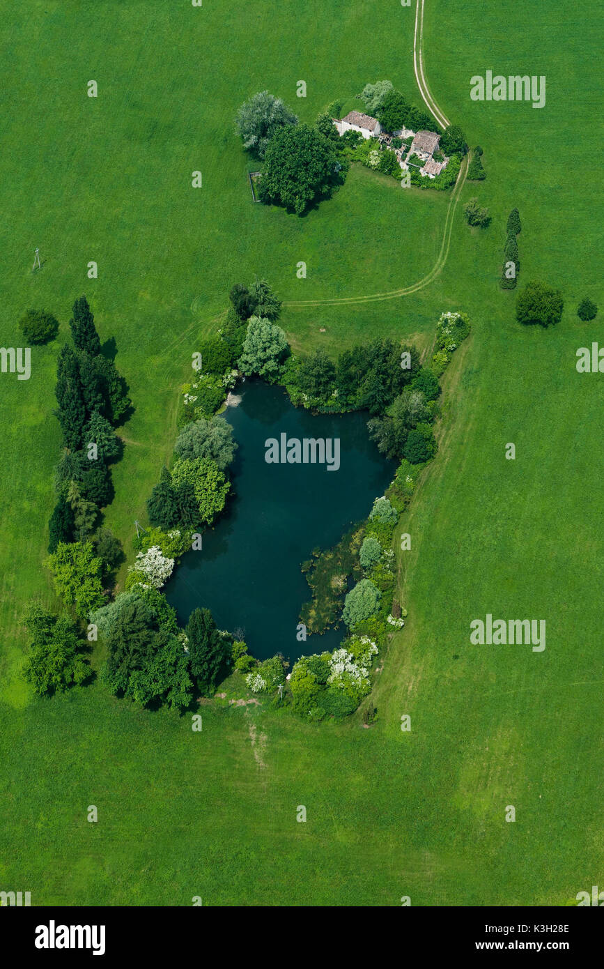 Nature pond Idyll, biotope, life close the nature, paradise, near Bassano, aerial picture, province Vicenza, region Veneto, Italy Stock Photo