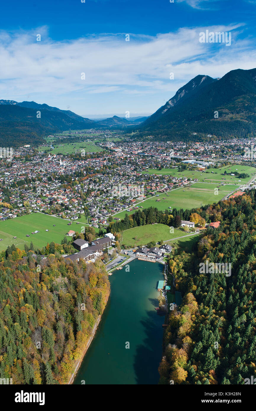 Rissersee, Risserseehotel, Garmisch-Partenkirchen, Loisachtal, aerial picture, Germany, Bavaria, Upper Bavaria, Bavarian alps, Werdenfelser Land Stock Photo