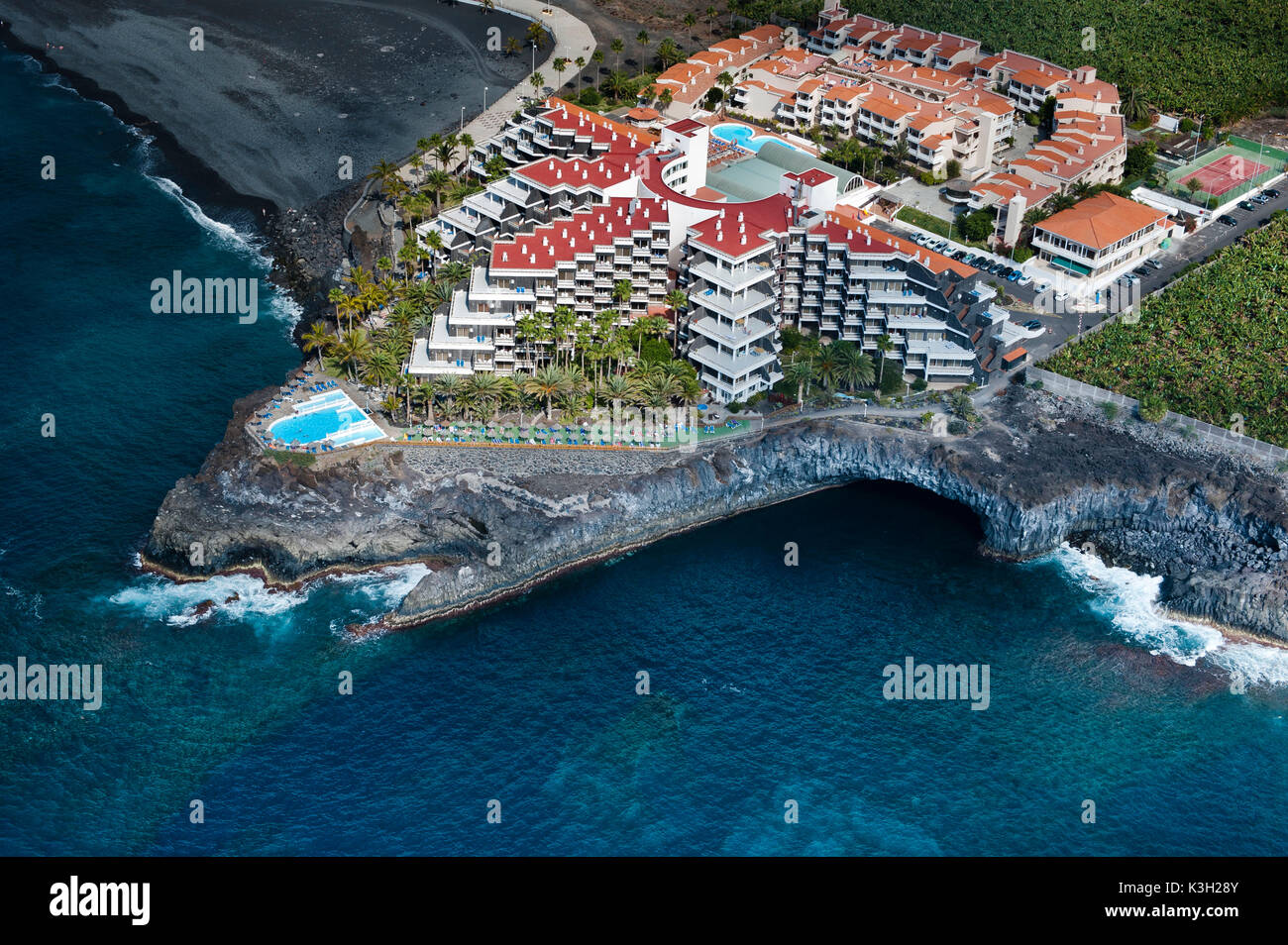 Hotel complex sol, the Atlantic, Puerto Naos, island La Palma, Canaries island, aerial picture, Spain Stock Photo