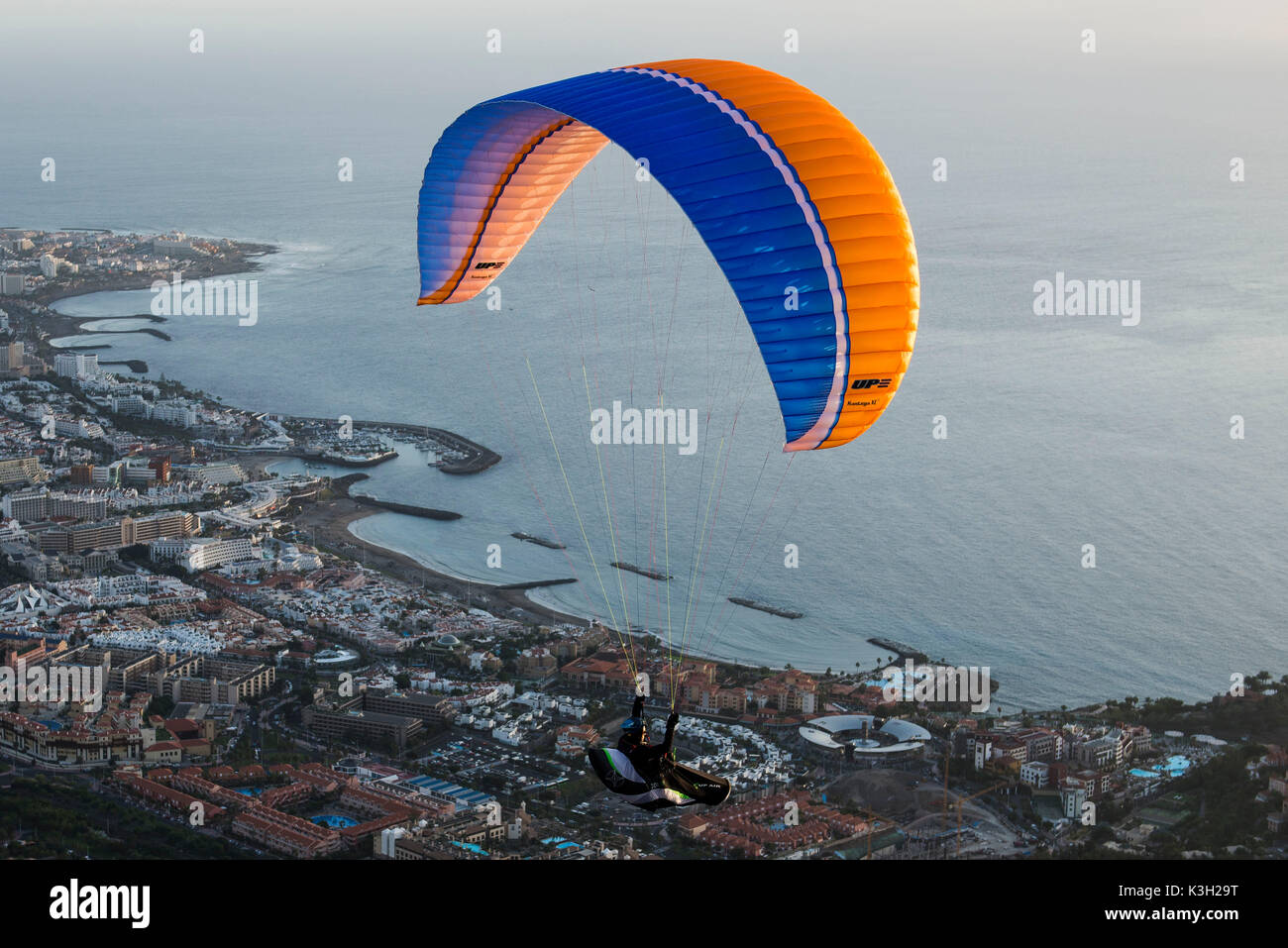 Paraglider, Playa de read Americas, los Christianos, the Atlantic, island Tenerife, Canaries island, aerial picture, Spain Stock Photo