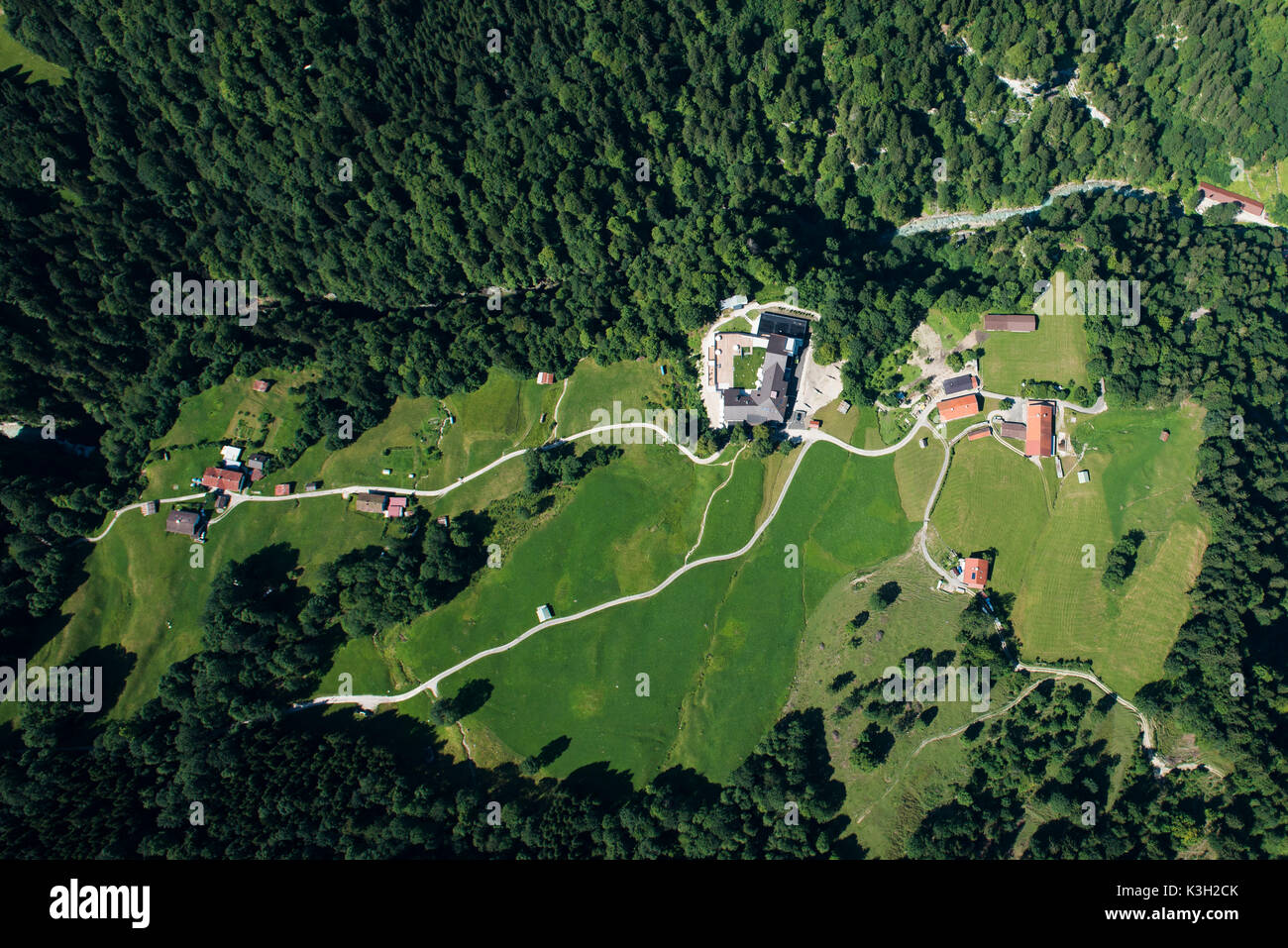 Vordergraseck, Partnachklamm, the Graseck, Garmisch-Partenkirchen, aerial picture, Germany, Bavaria, Upper Bavaria, Bavarian alps, Werdenfelser Land Stock Photo