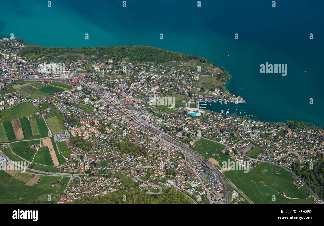 Thunersee, Spiez, aerial picture, railway station, sail harbour, bath bay, the Bernese Oberland, Switzerland Stock Photo