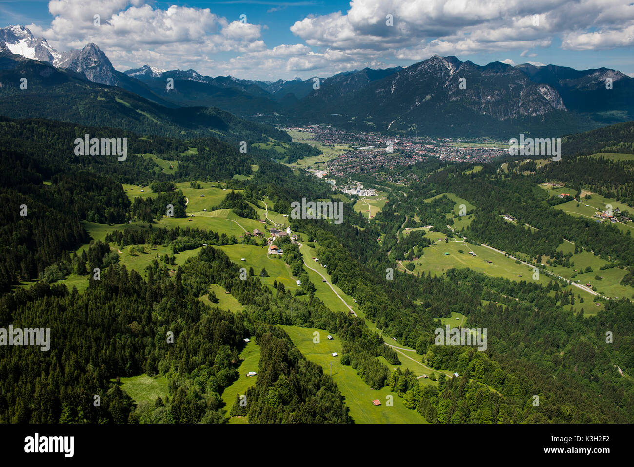 Wamberg, mountain village, Garmisch-Partenkirchen, aerial picture, Germany, Bavaria, Upper Bavaria, Bavarian alps, Werdenfelser Land Stock Photo