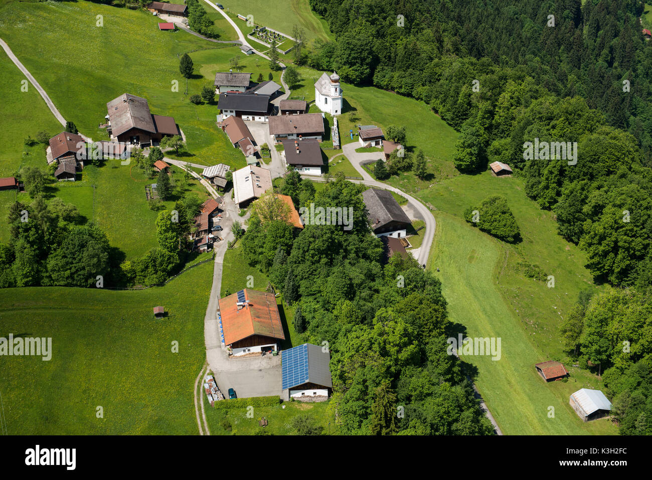 Wamberg, mountain village, Garmisch-Partenkirchen, aerial picture, Germany, Bavaria, Upper Bavaria, Bavarian alps, Werdenfelser Land Stock Photo