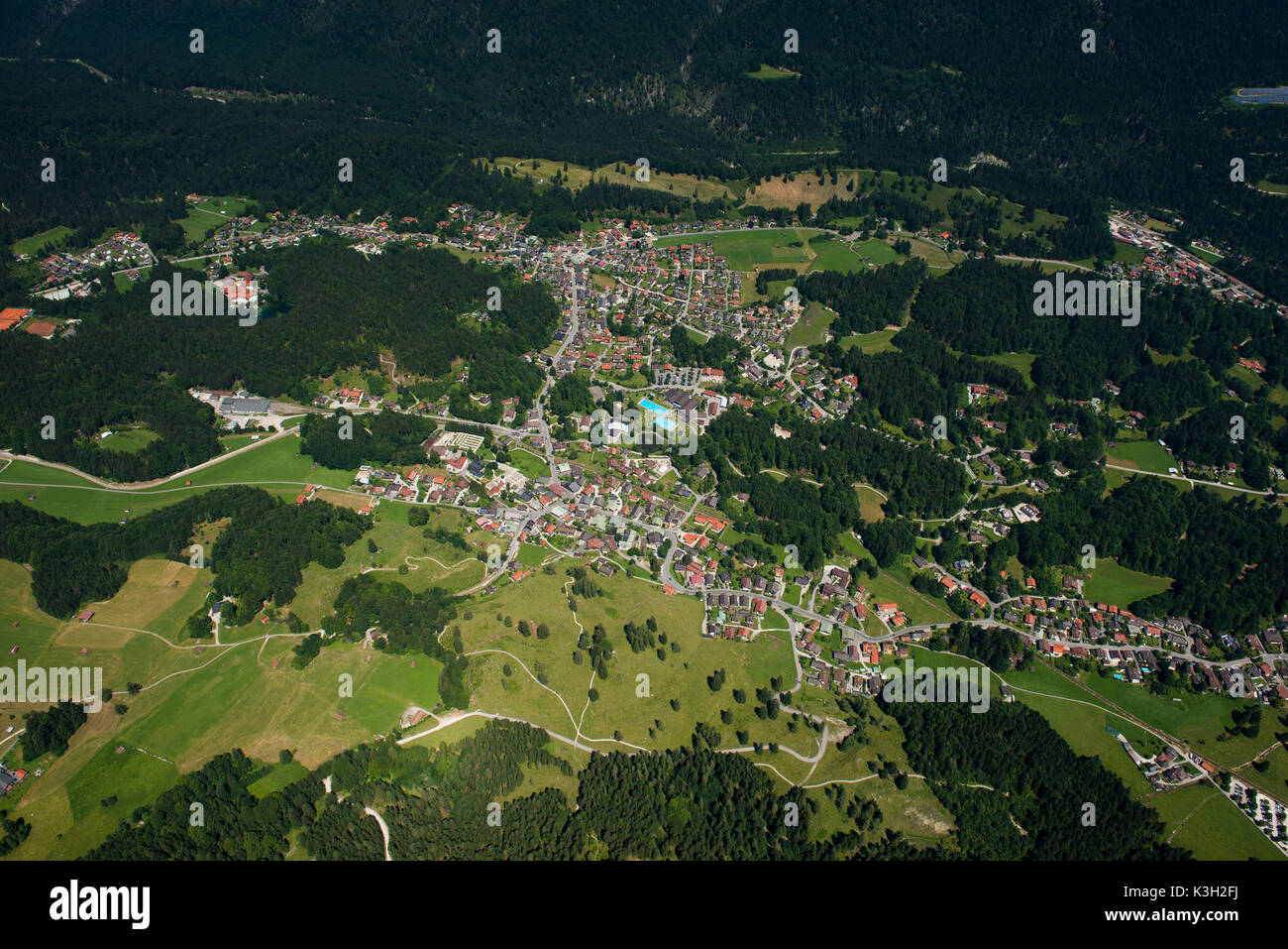 Grainau, Loisachtal, Garmisch-Partenkirchen, aerial picture, Germany, Bavaria, Upper Bavaria, Bavarian alps, Werdenfelser Land Stock Photo