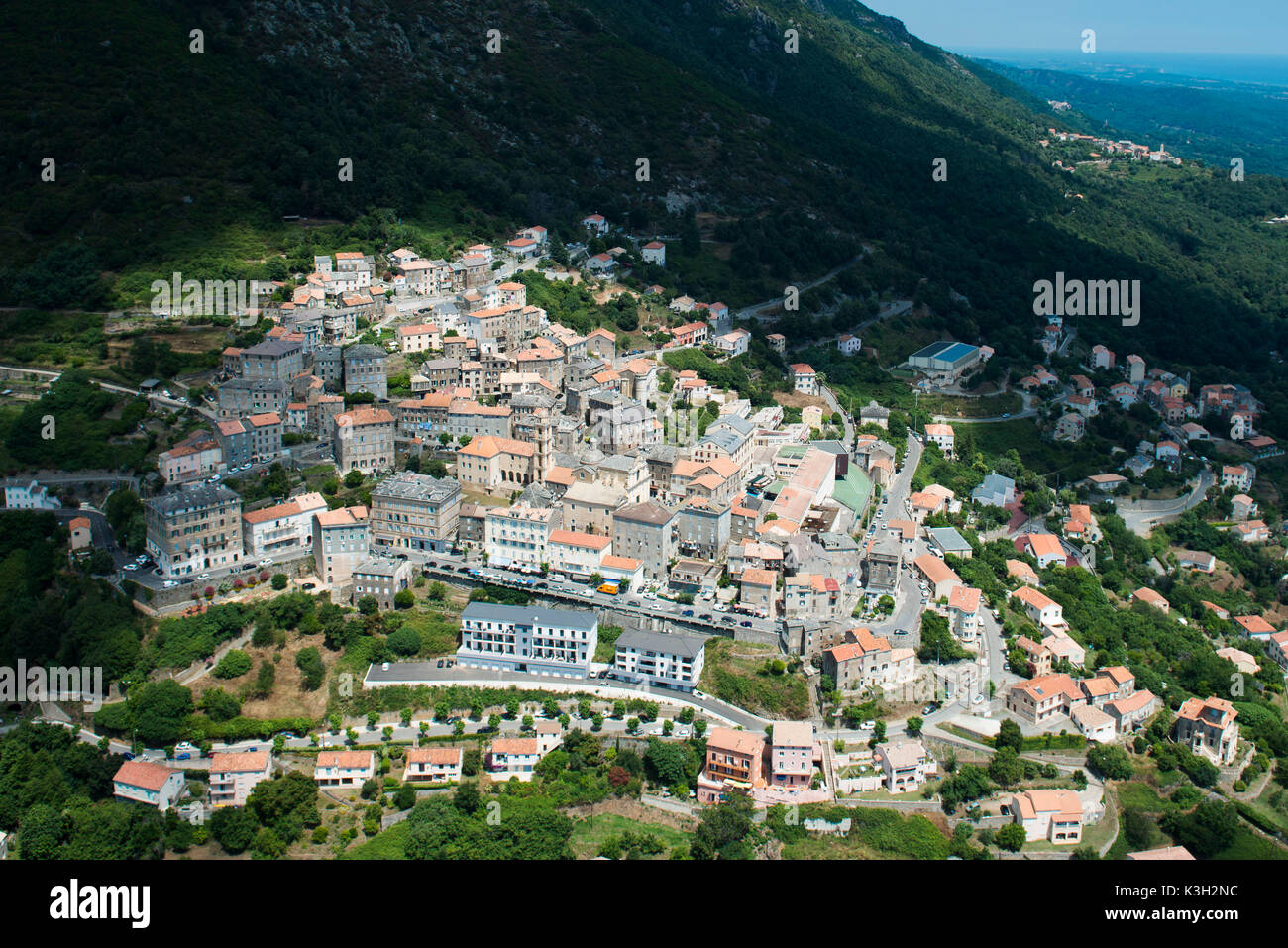 Cervione, island Corsica, centre, aerial picture, Costa Verde, France Stock Photo