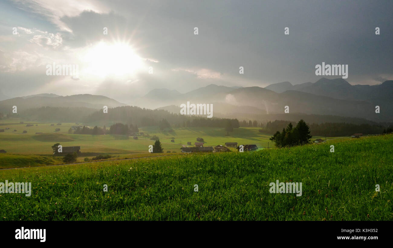 Bavaria, light mood, after a summer thunderstorm, the sun and haze in sticky-hot air, Estergebirge, Stock Photo