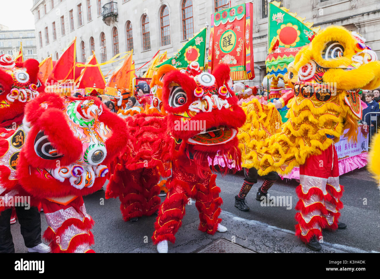 England, London, Chinatown, Chinese New Year Parade, Lion Dance Stock Photo