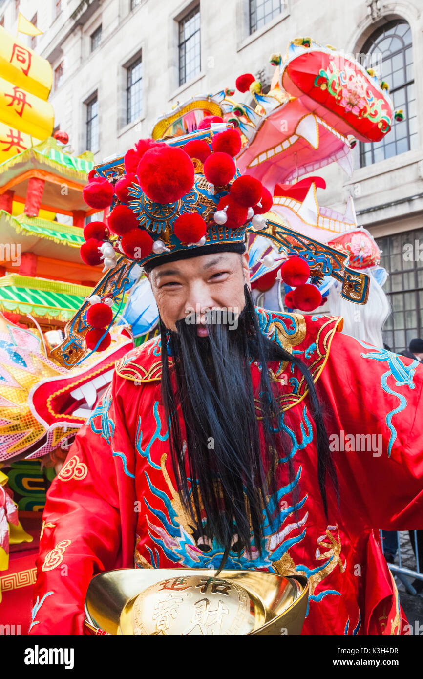 England, London, Chinatown, Chinese New Year Parade, Participant Dressed as Lucky God Stock Photo