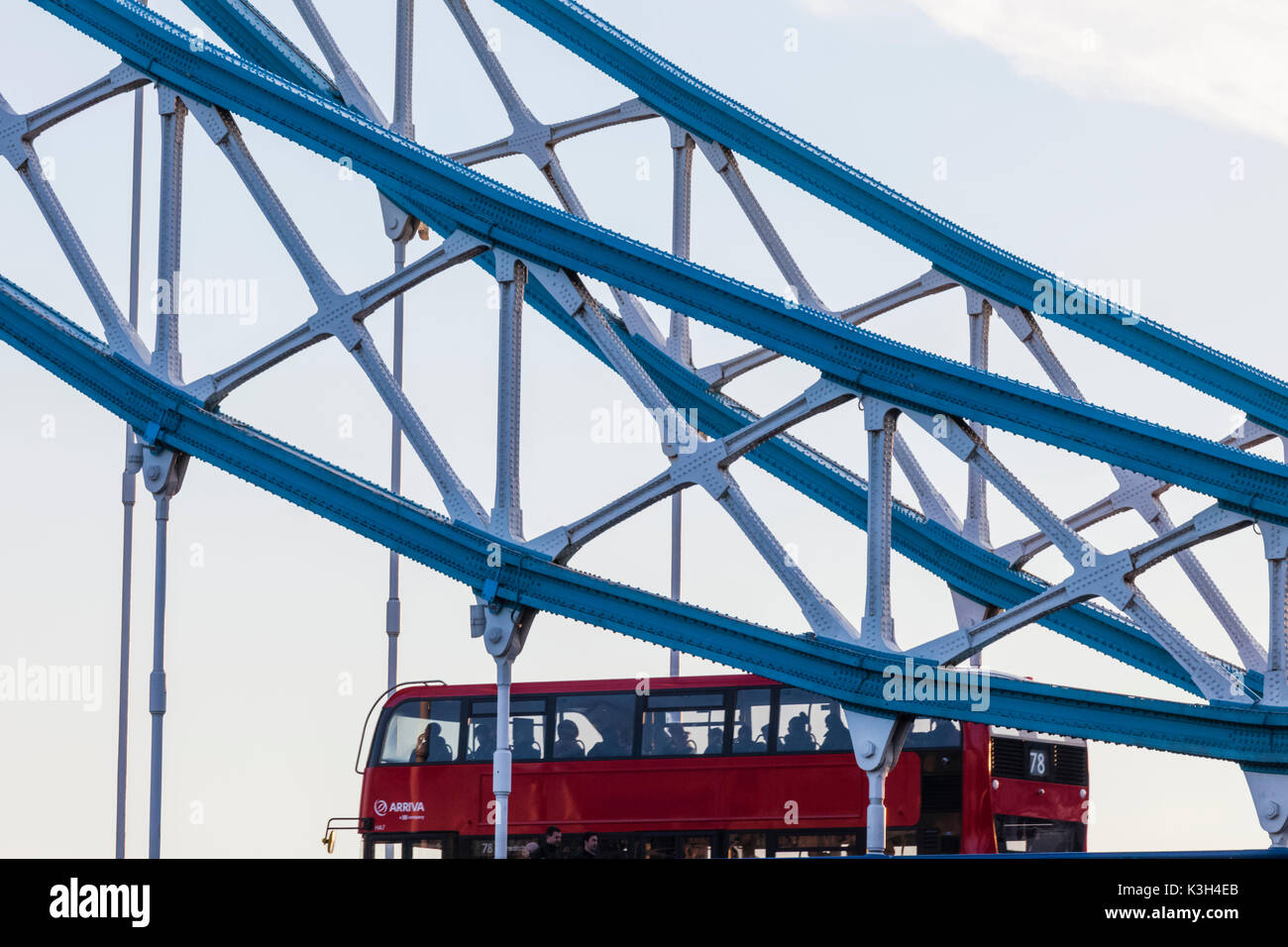 England, London, Tower Bridge Girders and Double Decker Bus Stock Photo