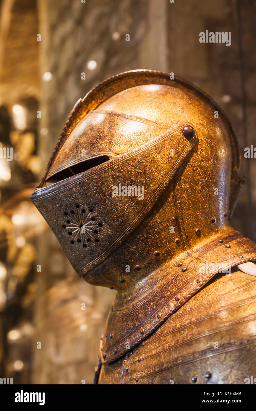 England, London, Tower of London, The White Tower, Exhibit of Guilt Armour Helmet of Charles I Stock Photo
