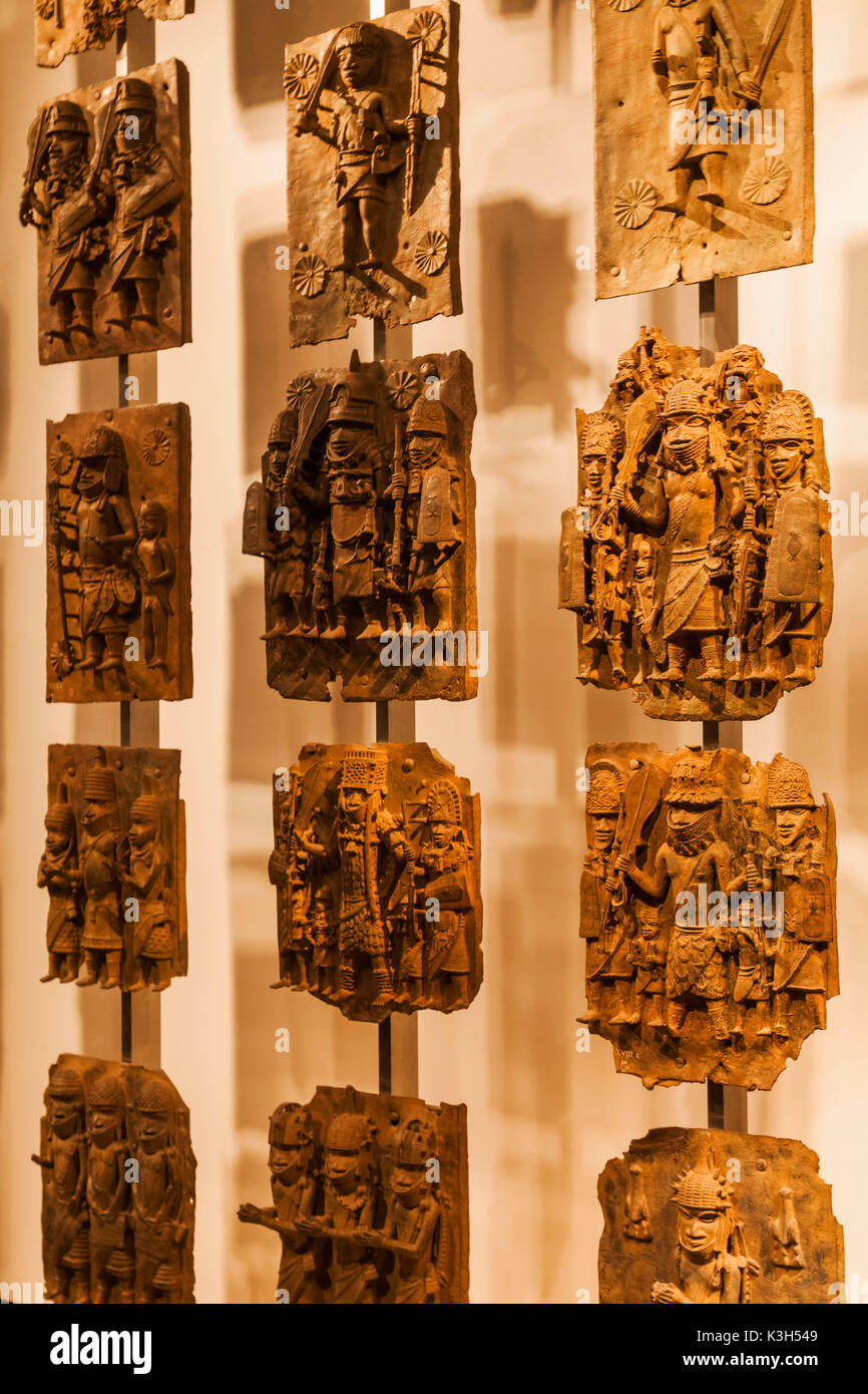 England, London, British Museum, African Room, Exhibit of 16th century Cast Brass Plaques from Benin City Nigeria Stock Photo