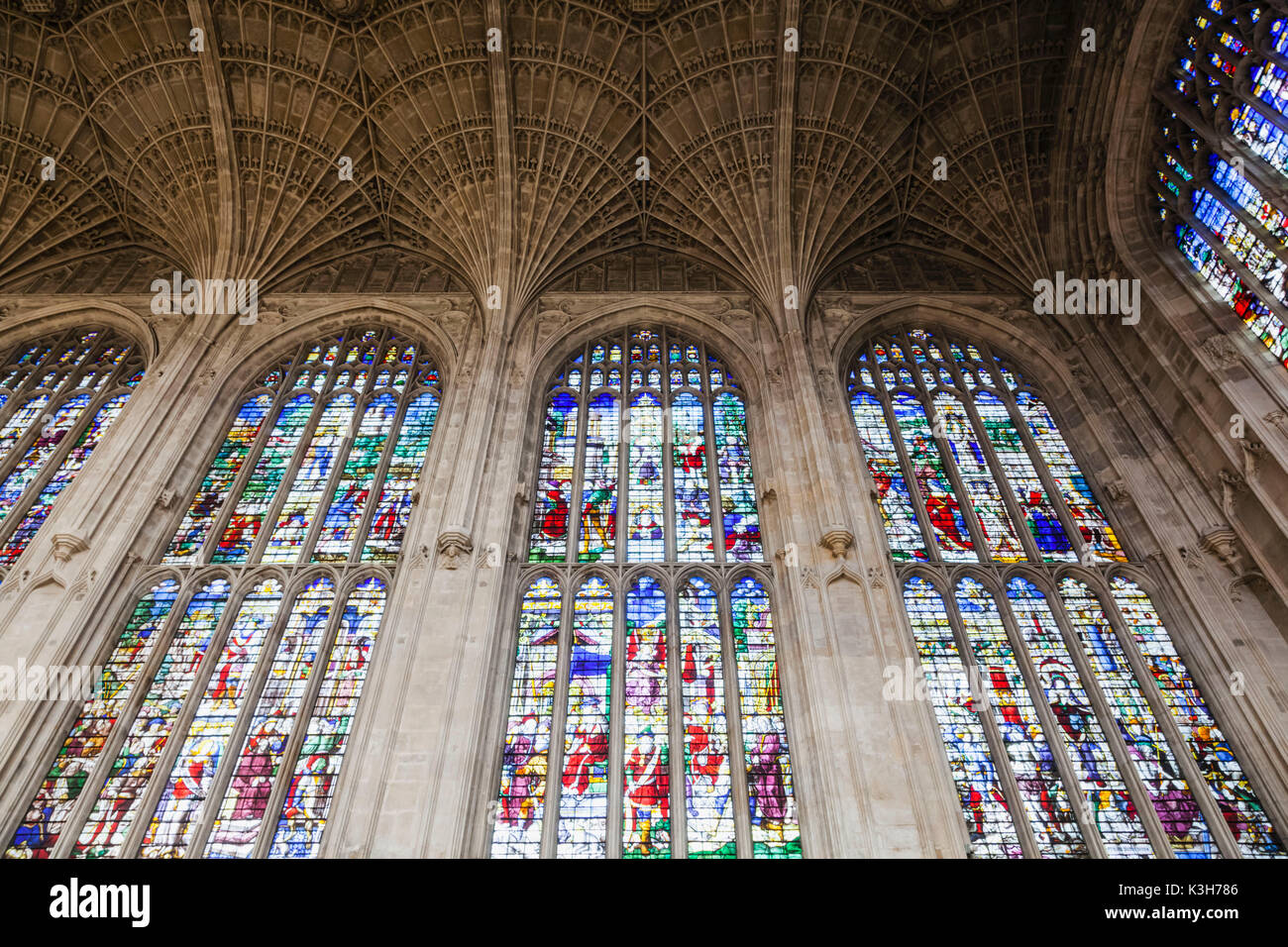 England, Cambridgeshire, Cambridge, King's College Chapel, Stained Glass Windows Stock Photo