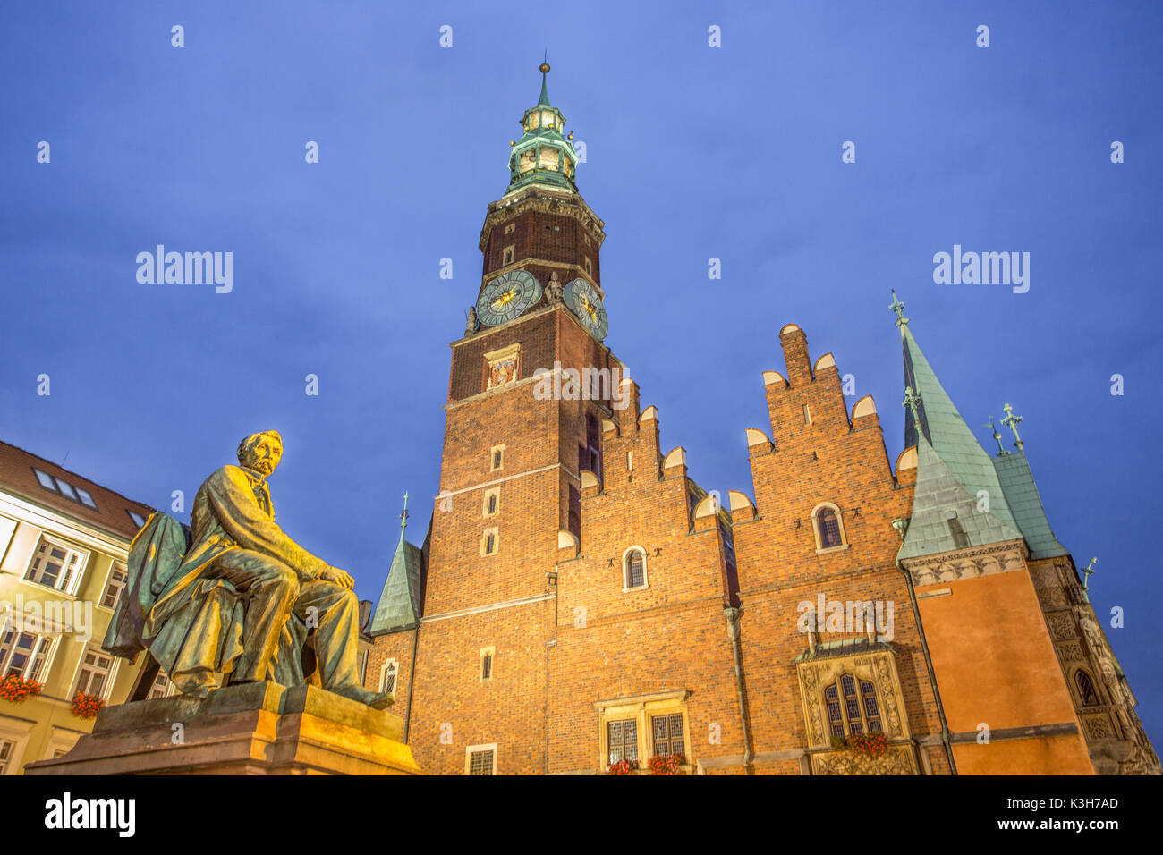 Poland, Wroclaw City, Market Square, Town Hall Building Rynek, Fredro Monument. Stock Photo