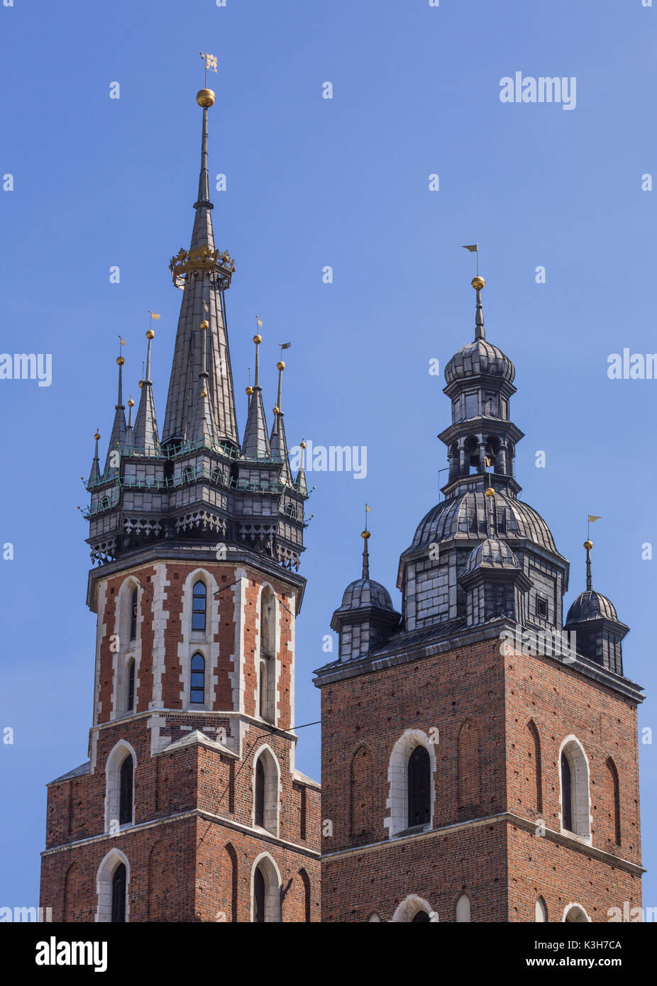 Poland, Krakow City, Market Square, St. Mary's Basilica, Marianska Tower Stock Photo