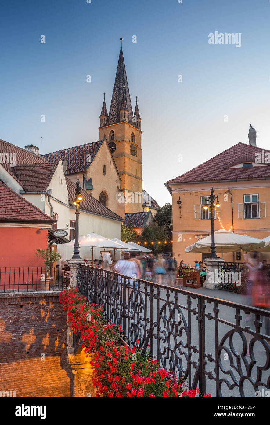 Romania, Sibiu City, Mica Square, Cathedral Tower Stock Photo
