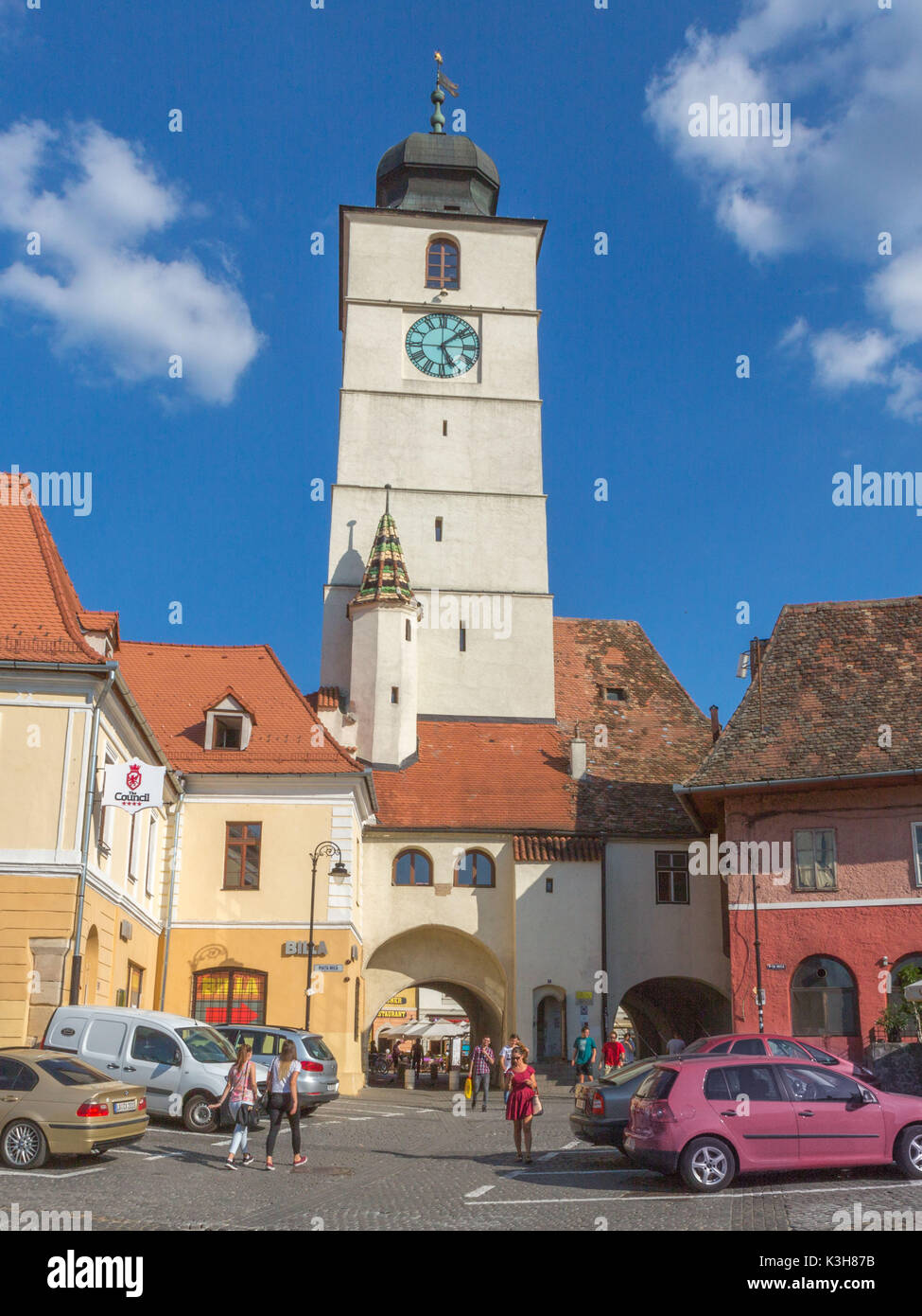 Romania, Sibiu City, Sfatului Tower, Mica Square Stock Photo