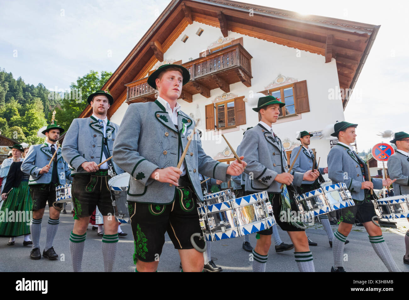Germany, Bavaria, Garmisch-Partenkirchen, Bavarian Festival, Marching Band in Traditional Costume Stock Photo