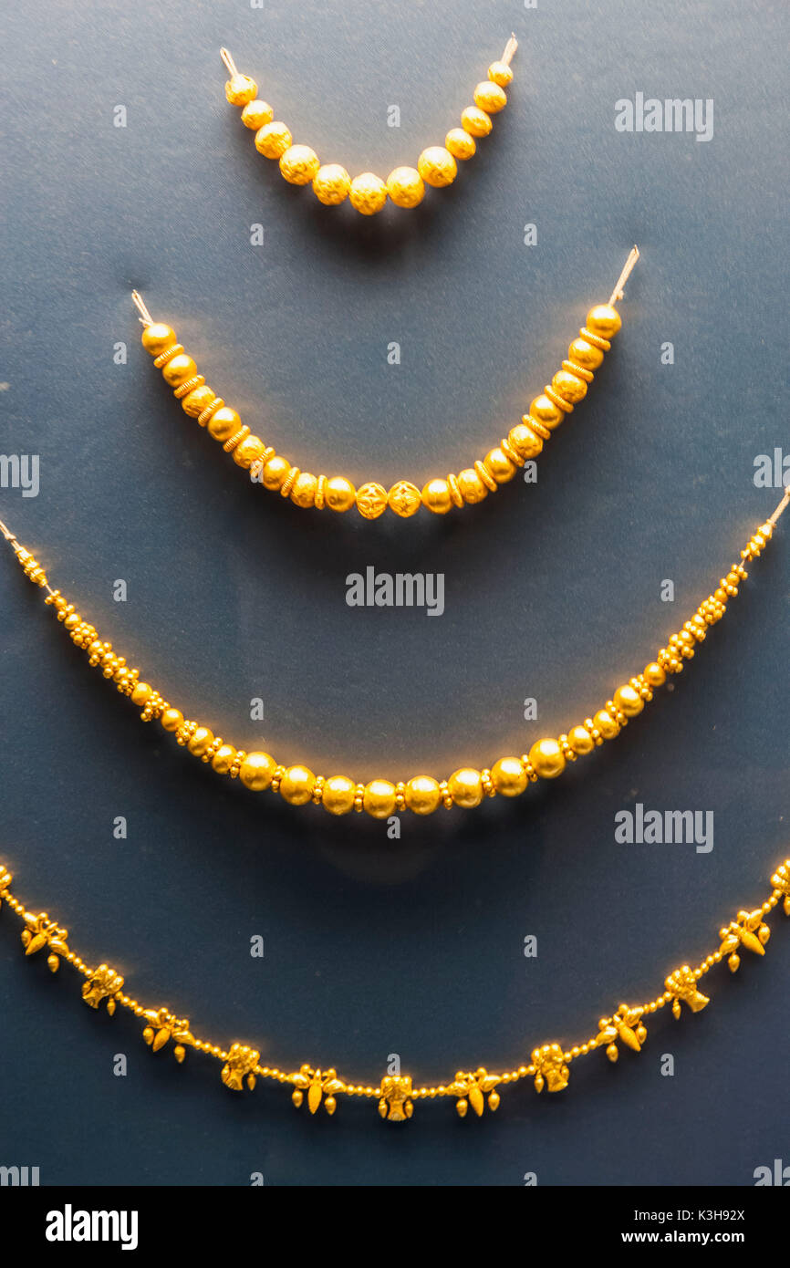 Germany, Bavaria, Munich, Glyptothek and State Collections of Antiquities Museum, Exhibit of Etruscan Gold Necklaces Stock Photo
