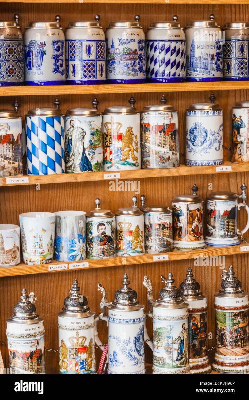 Germany, Bavaria, Munich, Souvenir Shop Display of Beer Steins Stock