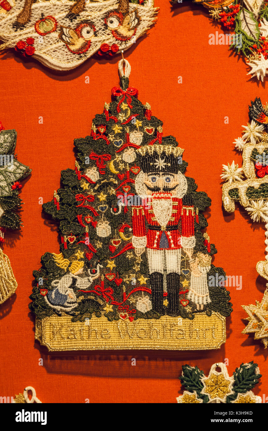 Germany, Bavaria, Romantic Road, Rothenburg-ob-der-Tauber, Kaethe Wohlfart Christmas Shop, Christmas Tree Decoration Stock Photo