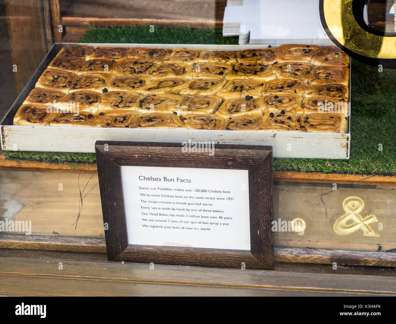 Chelsea or Sticky Buns in the window of Fitzbillies tea shop and restaurant in Cambridge UK Stock Photo