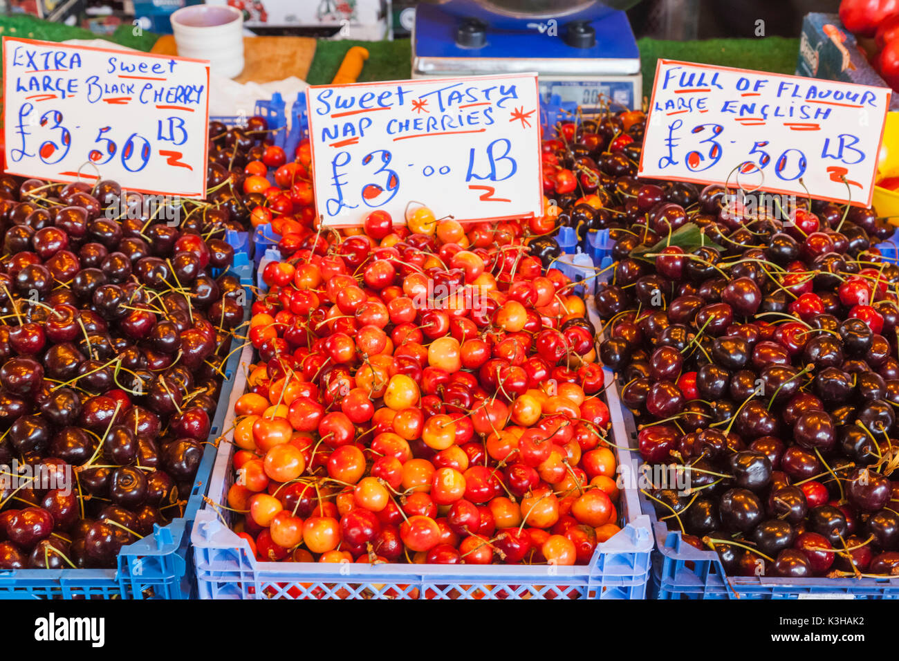 England, London, Southwark, Borough Market, Cherries Stock Photo