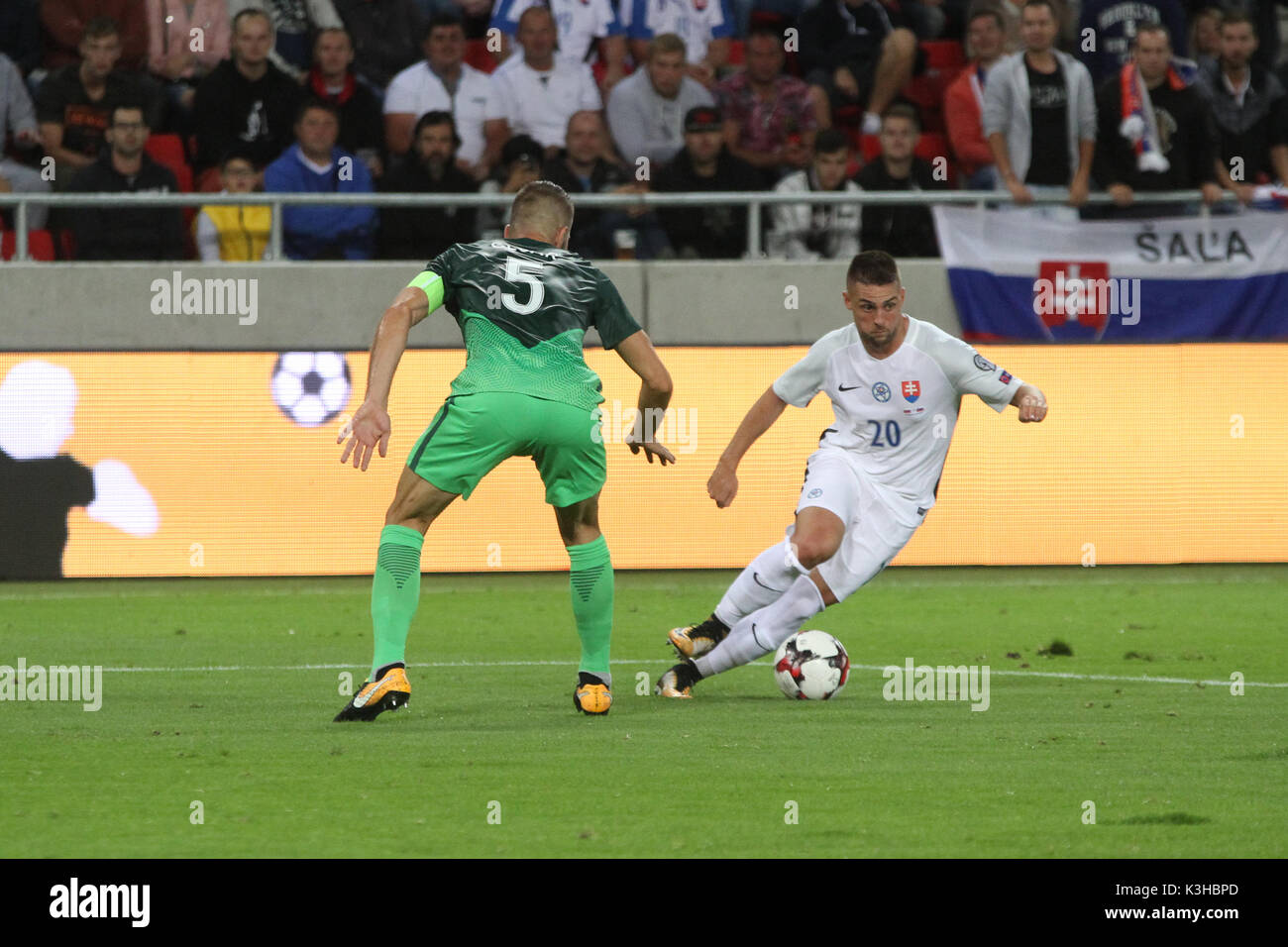 Trnava, Slovakia, 1. September 2017. Robert Mak (right) in action during the 2018 FIFA World Cup qualification match between Slovakia and Slovenia 1-0 Stock Photo