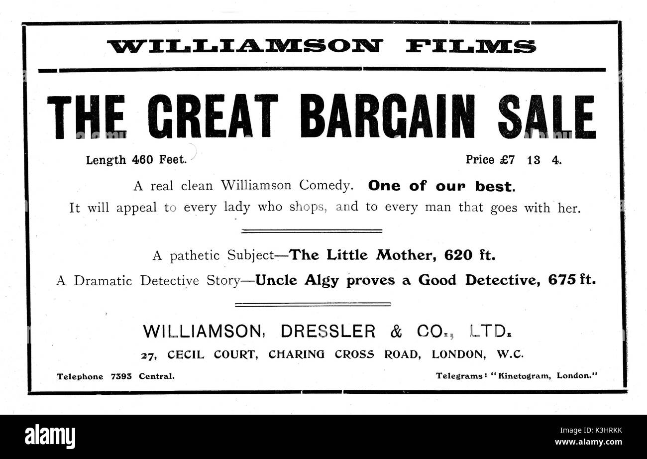 AN ADVERTISEMENT FOR WILLIAMSON FILMS - 1908 Stock Photo