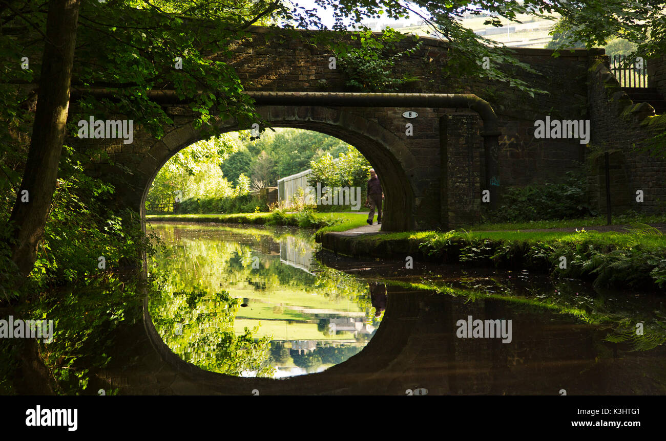 A man walking along the towpath of the Rochdale canal Stock Photo
