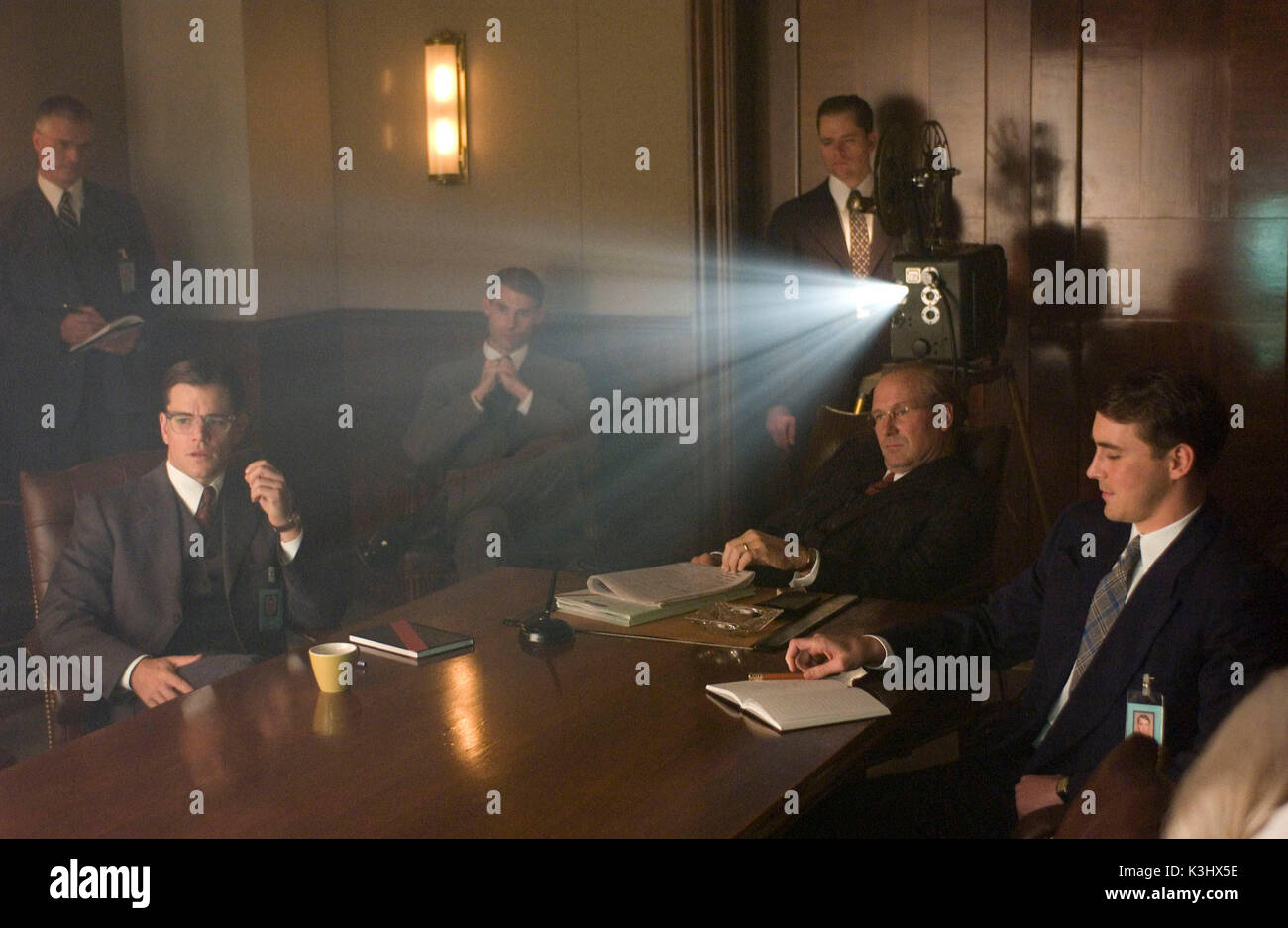 (L to R, foreground) Edward Wilson (MATT DAMON), Director Philip Allen (WILLIAM HURT) and Richard Hayes (LEE PACE) in the untold story of the birth of the CIA, The Good Shepherd. THE GOOD SHEPHERD (L to R, foreground) Edward Wilson (MATT DAMON), Director Philip Allen (WILLIAM HURT) and Richard Hayes (LEE PACE) (L to R, foreground) Edward Wilson (MATT DAMON), Director Philip Allen (WILLIAM HURT) and Richard Hayes (LEE PACE) in the untold story of the birth of the CIA, The Good Shepherd. Stock Photo